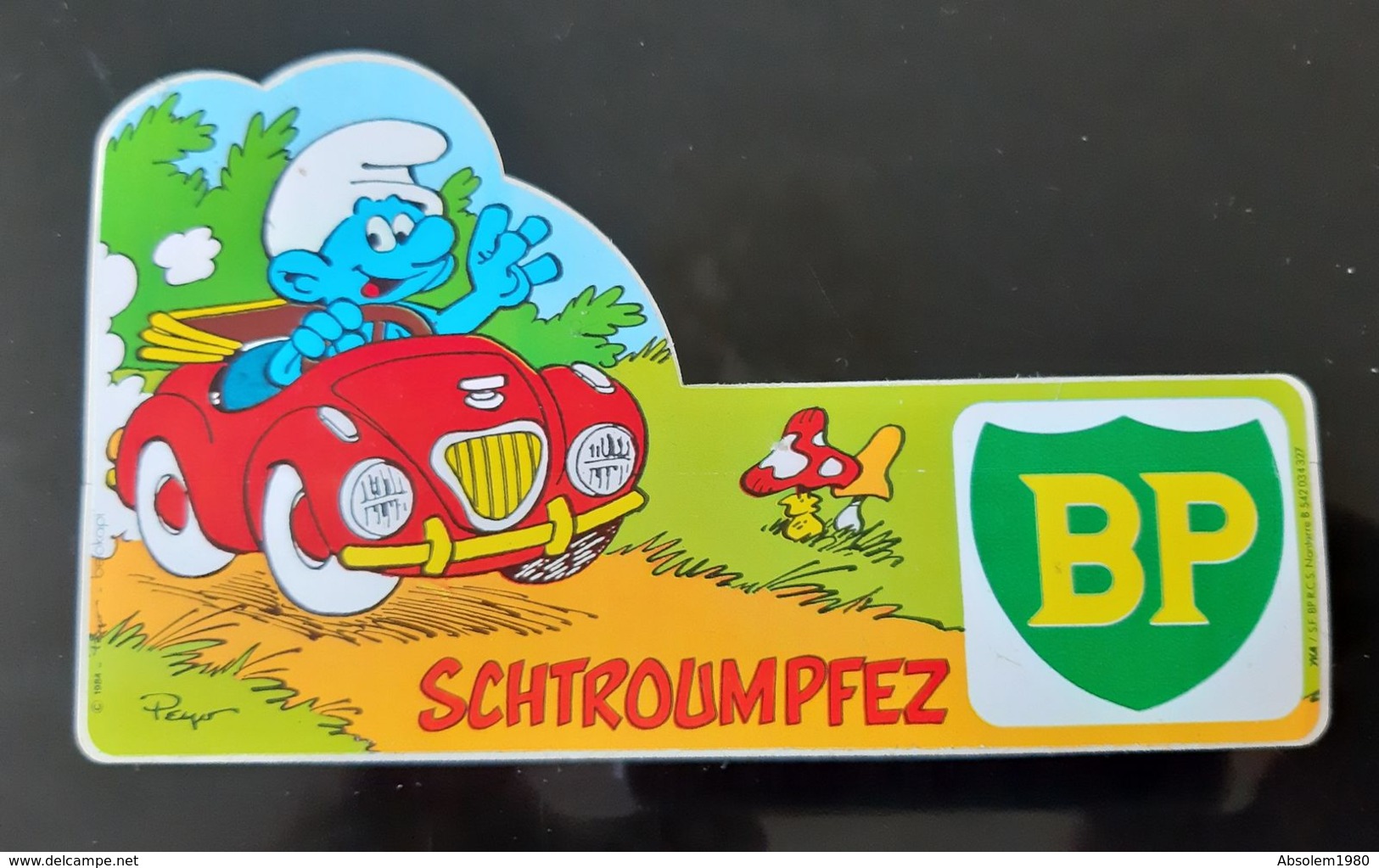 AUTOCOLLANT VINTAGE LES SCHTROUMPFS PEYO 1984  SCHTROUMPFEZ BP HUILE MOTEUR VOITURE CAR BANDE DESSINEE BD COMICS COMICS - Stickers