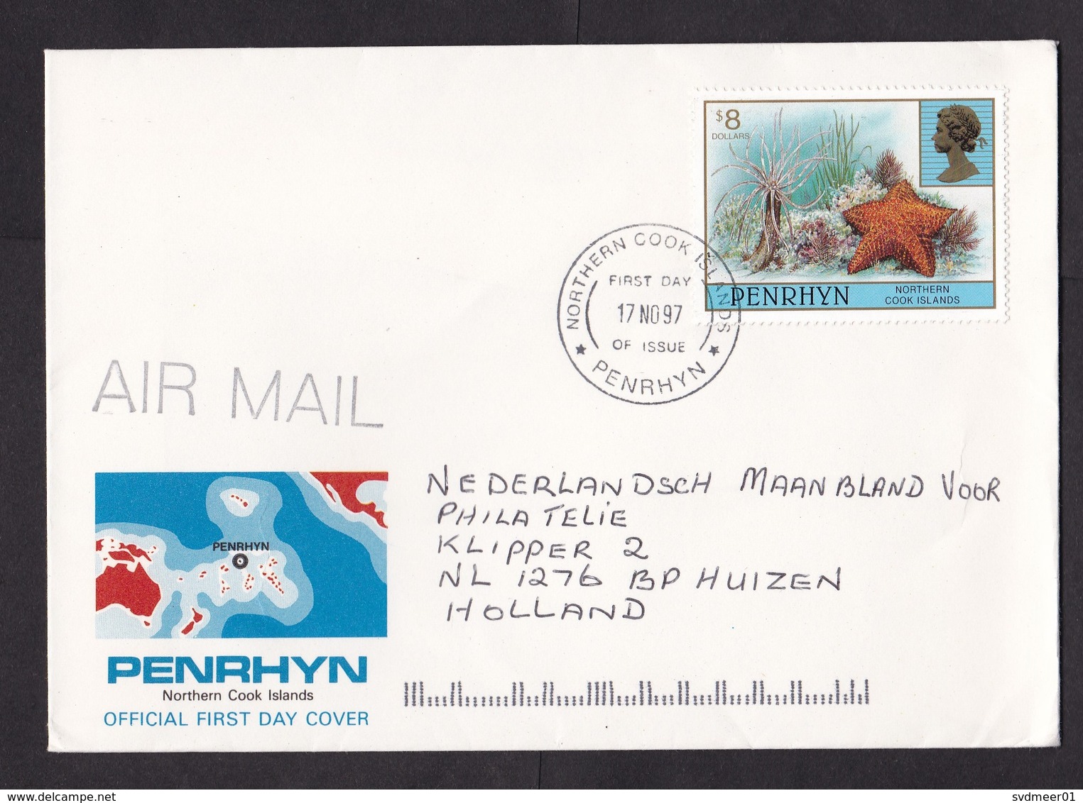 Penrhyn: FDC First Day Cover To Netherlands, 1997, 1 Stamp, Starfish, Sea Star, Underwater Life, $8 (traces Of Use) - Penrhyn
