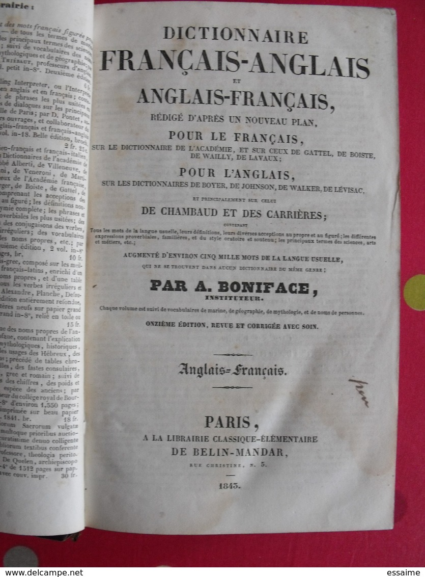 dictionnaire français-anglais et anglais-français (2 tomes). chambaud boyer boniface. belin-mandar Paris 1843