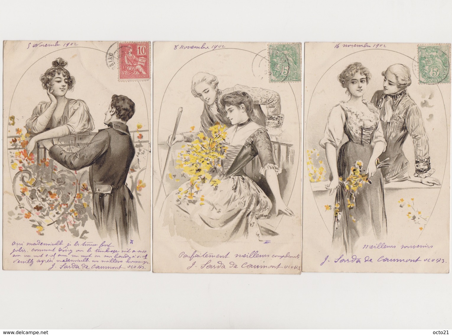 8 Jolies Cartes Fantaisie Dont 7 Envoyées En 1902 Par J.Sarda De Caumont / Couple , Fleurs - Couples