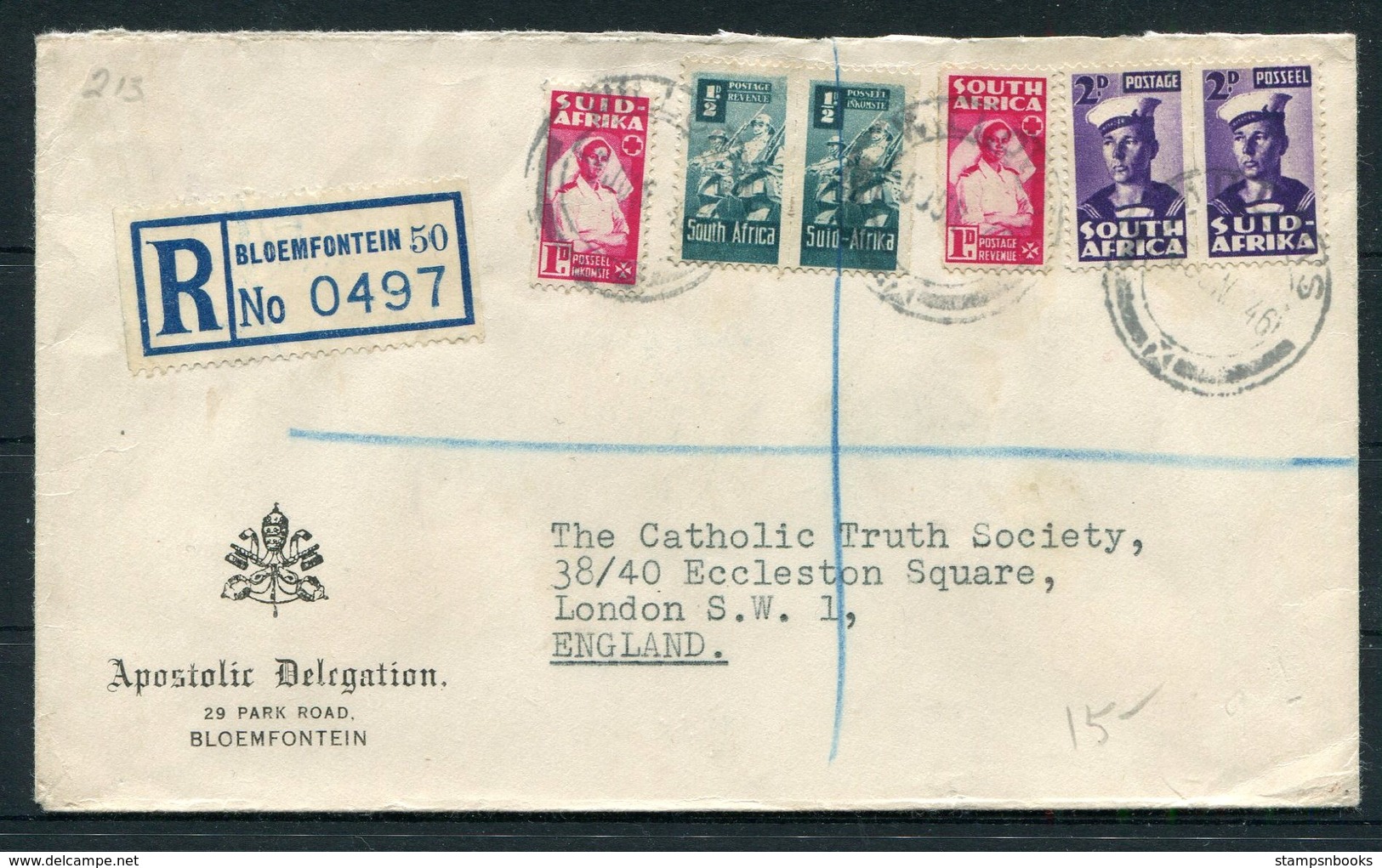 1946 South Africa Bloemfontein Regsitered Cover, Apostolic Delegation - Catholic Truth Society, London England. - Cartas