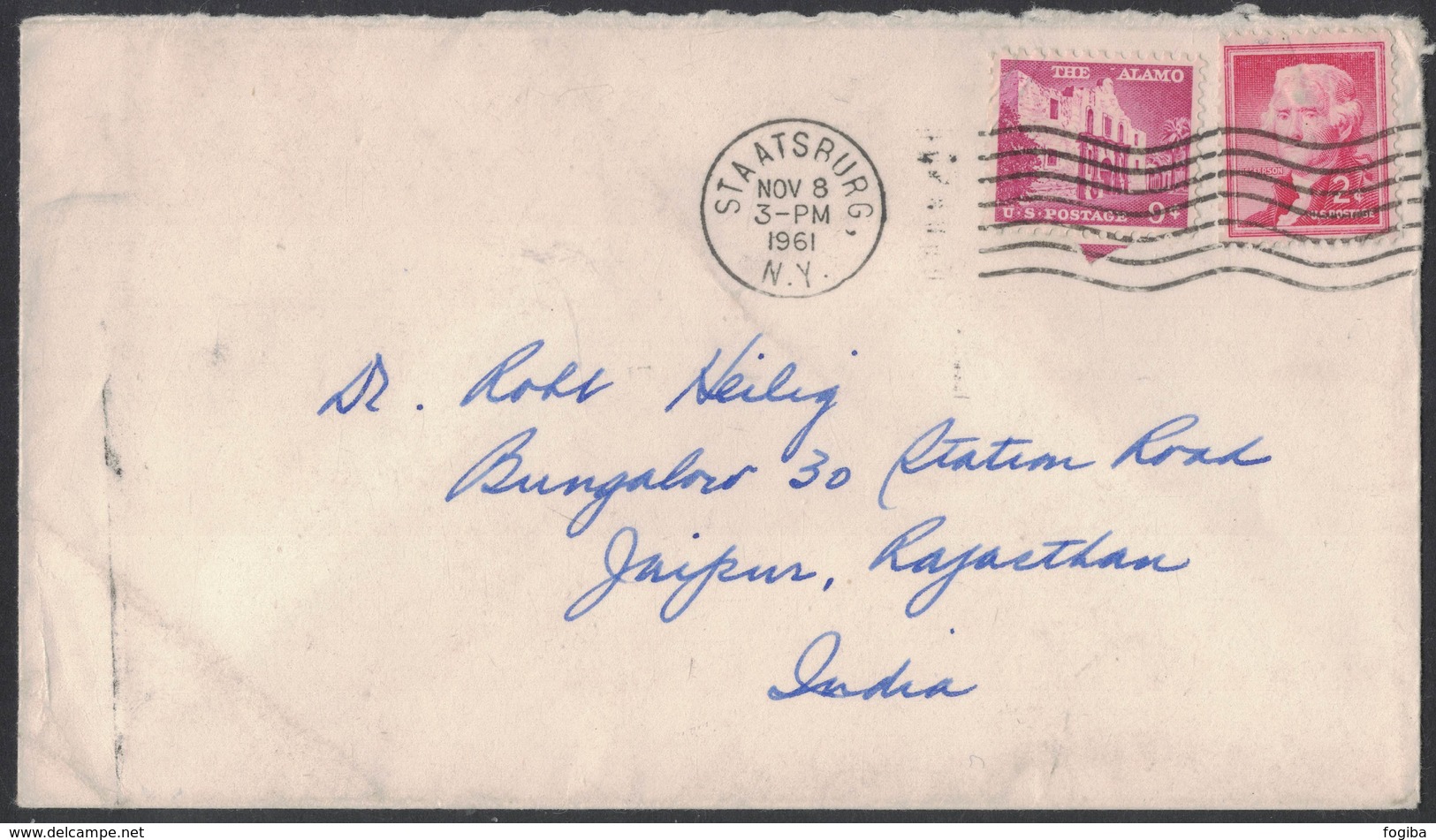 RB35   USA 1961  Letter Staatsburg To Jaipur India Franked 9c The Alamo + 2c Jefferson - Briefe U. Dokumente