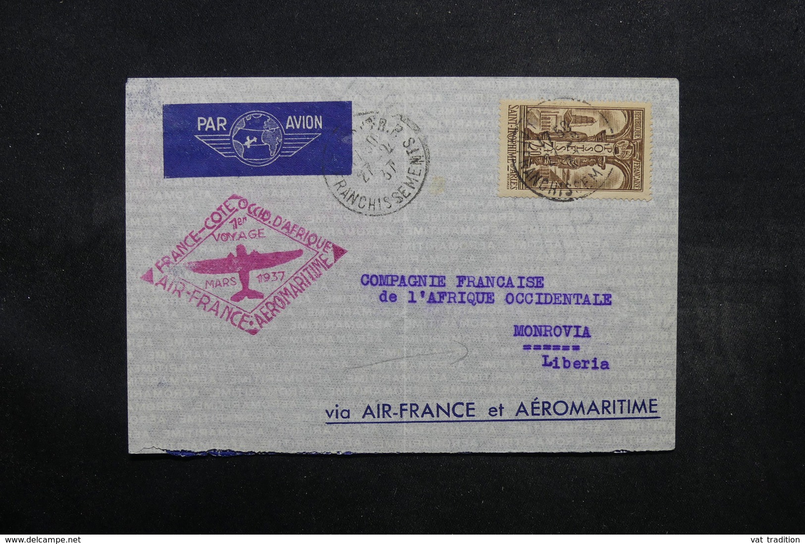 FRANCE - Enveloppe 1er Vol  France / Cote Occidentale D 'Afrique En 1937 Pour Morovia - L 32657 - 1960-.... Lettres & Documents