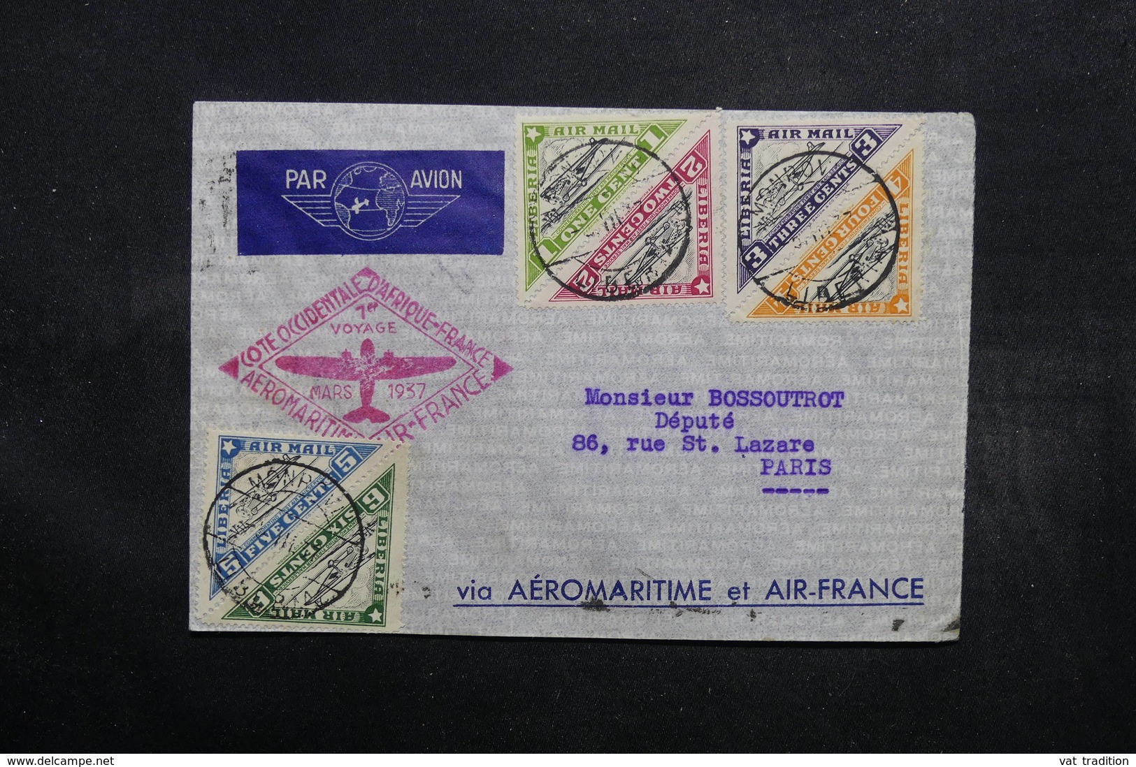 LIBERIA - Enveloppe 1er Vol  Cote Occidentale D 'Afrique / France En 1937 De Morovia Pour Paris - L 32658 - Liberia