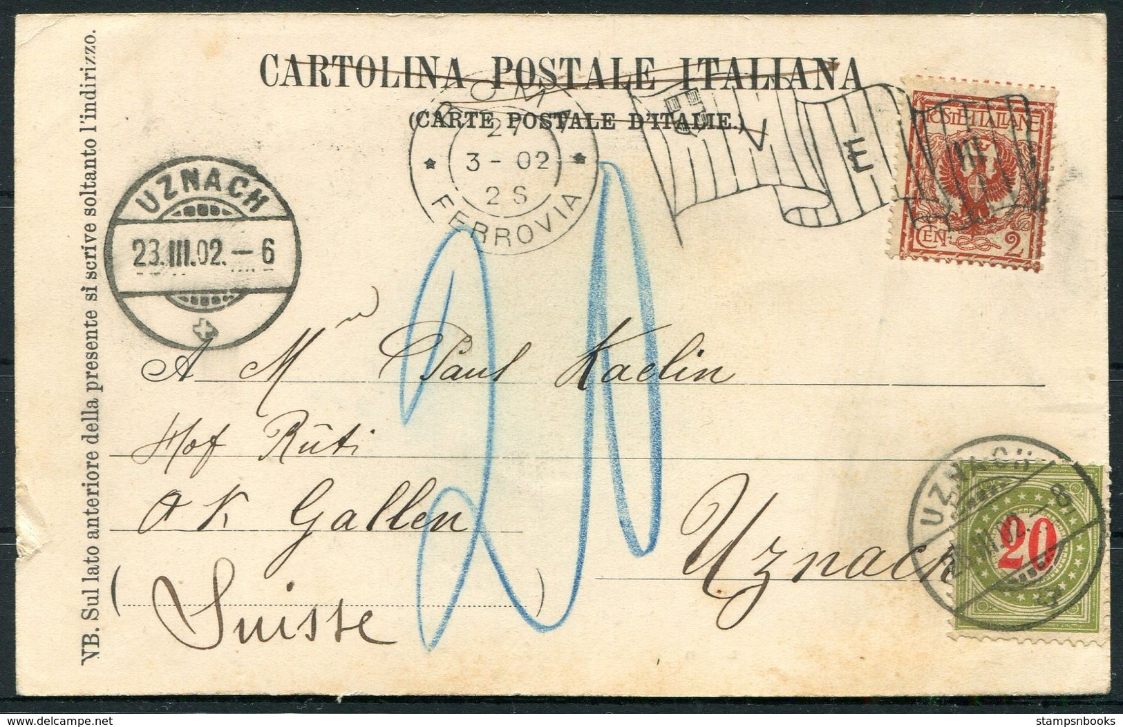 1902 Italy Villa Borghese Postcard. Roma Flag Cancel - Uznach Switzerland, Postage Due, Taxe, 20c Portomarken - Marcophilia