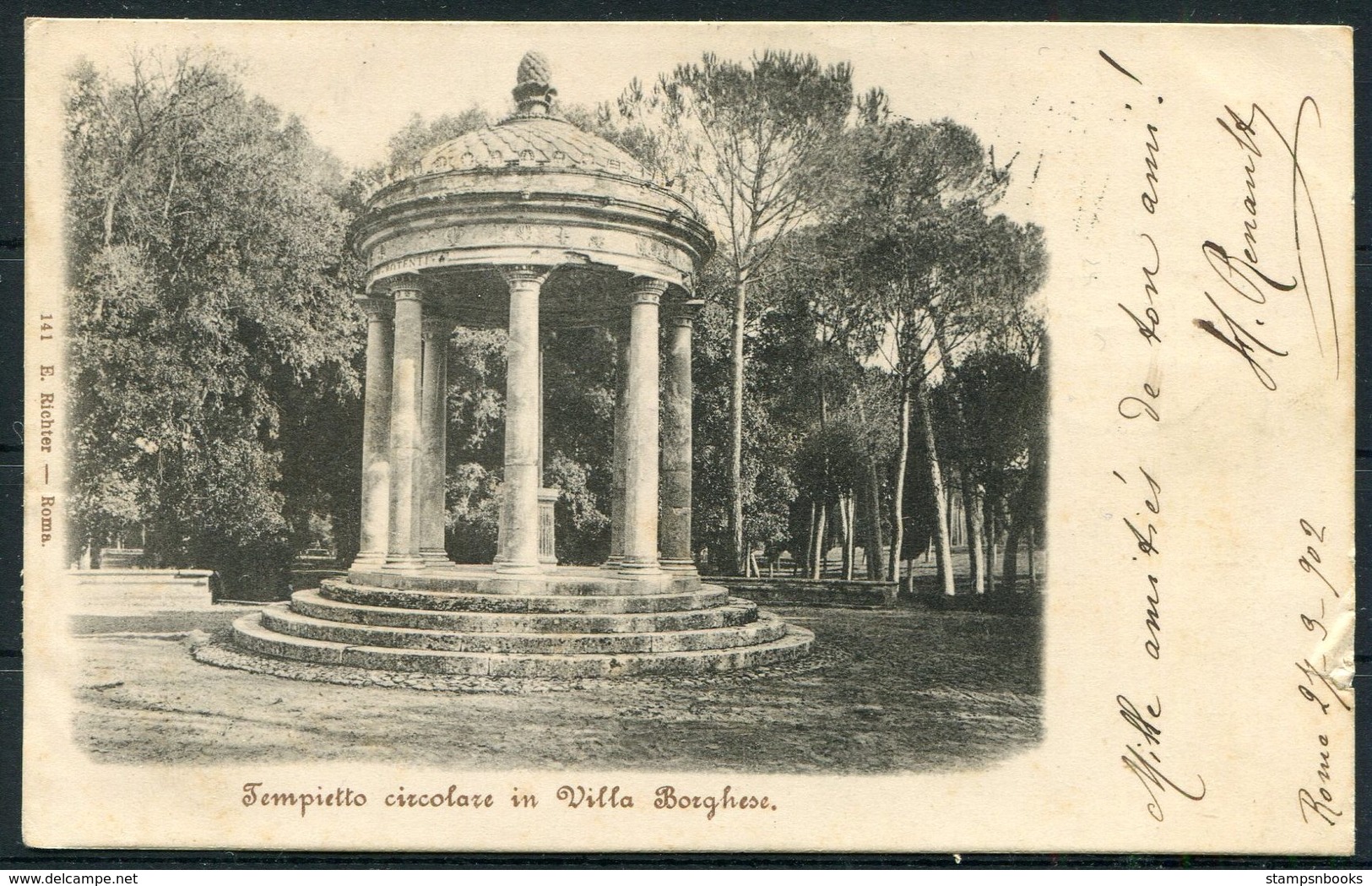 1902 Italy Villa Borghese Postcard. Roma Flag Cancel - Uznach Switzerland, Postage Due, Taxe, 20c Portomarken - Marcophilia