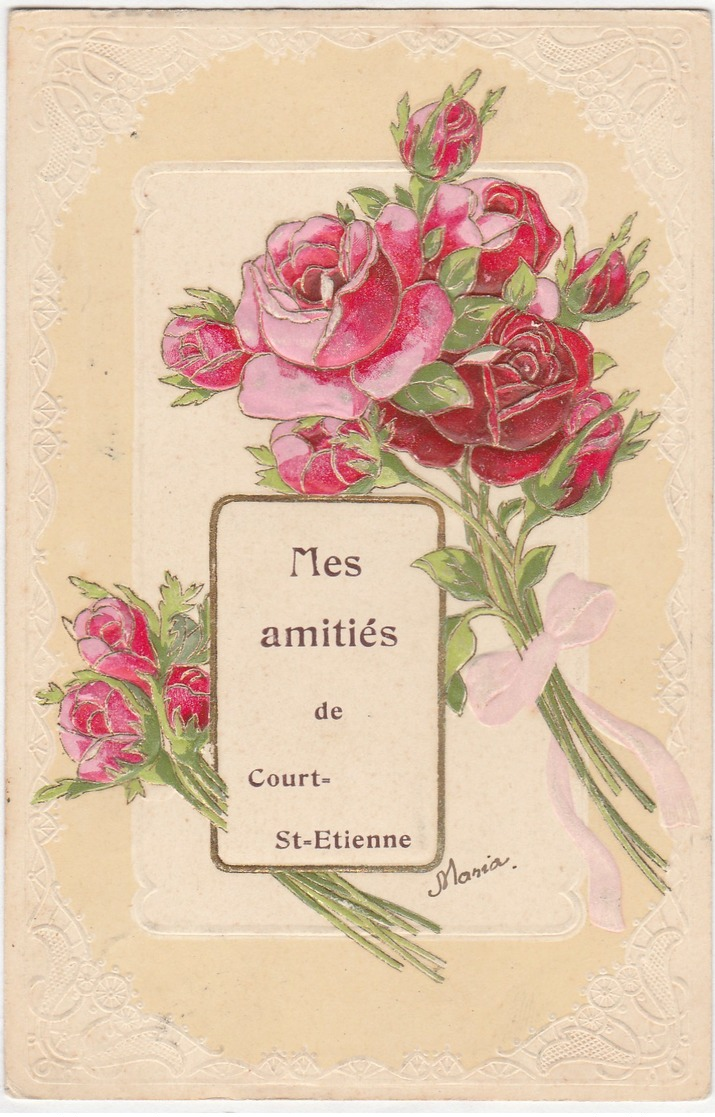 Cpa COURT ST ETIENNE COURT SAINT ETIENNE Belgique Gaufrée Fleur Rose Fantaisie 2 Scans Postcard Carte Postale Ancienne - Autres & Non Classés