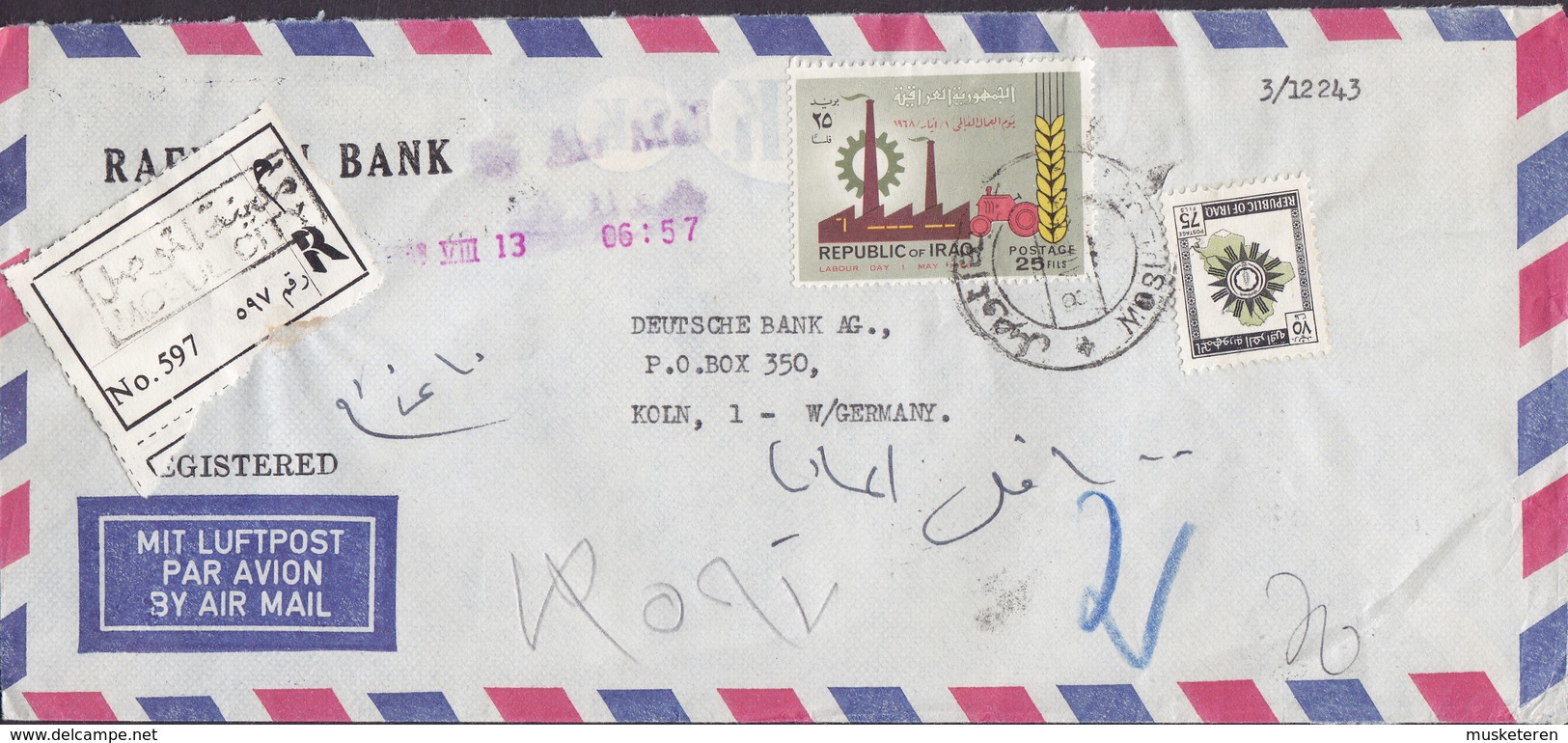 Iraq Irak RAFIDAIN BANK Registered Label MOSUL CITY 1968 Cover Brief DEUTSCHE BANK, KÖLN Germany Tag Der Arbeit - Irak