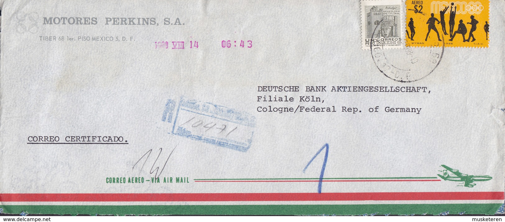 Mexico MOTORES PERKINS Registered Certificado 1968 Cover Brief KÖLN Germany Olympic Games Archeology Hidalgo - Mexiko