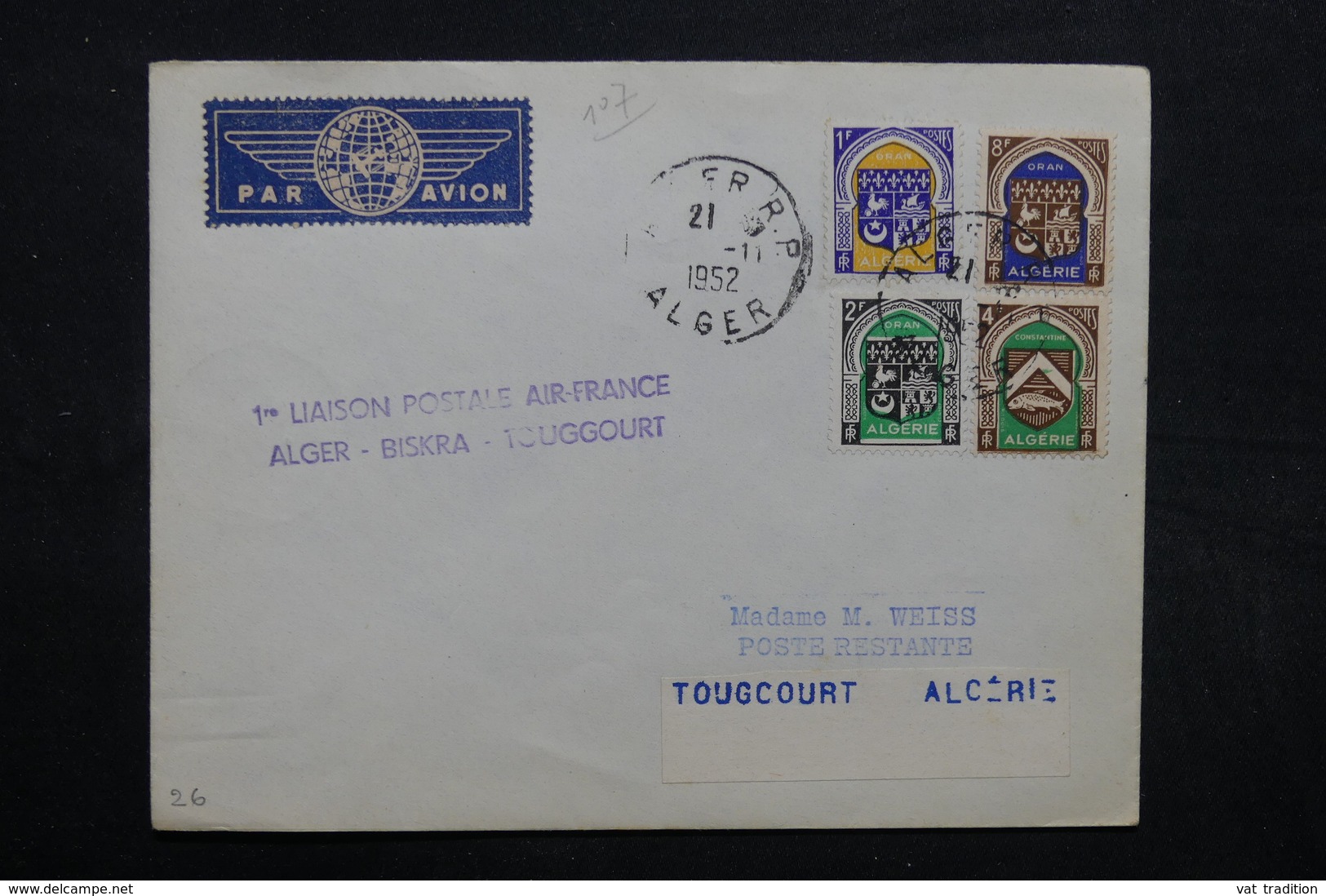 ALGÉRIE - Enveloppe 1er Vol Alger / Briska / Toggourt En 1952 - L 32689 - Covers & Documents