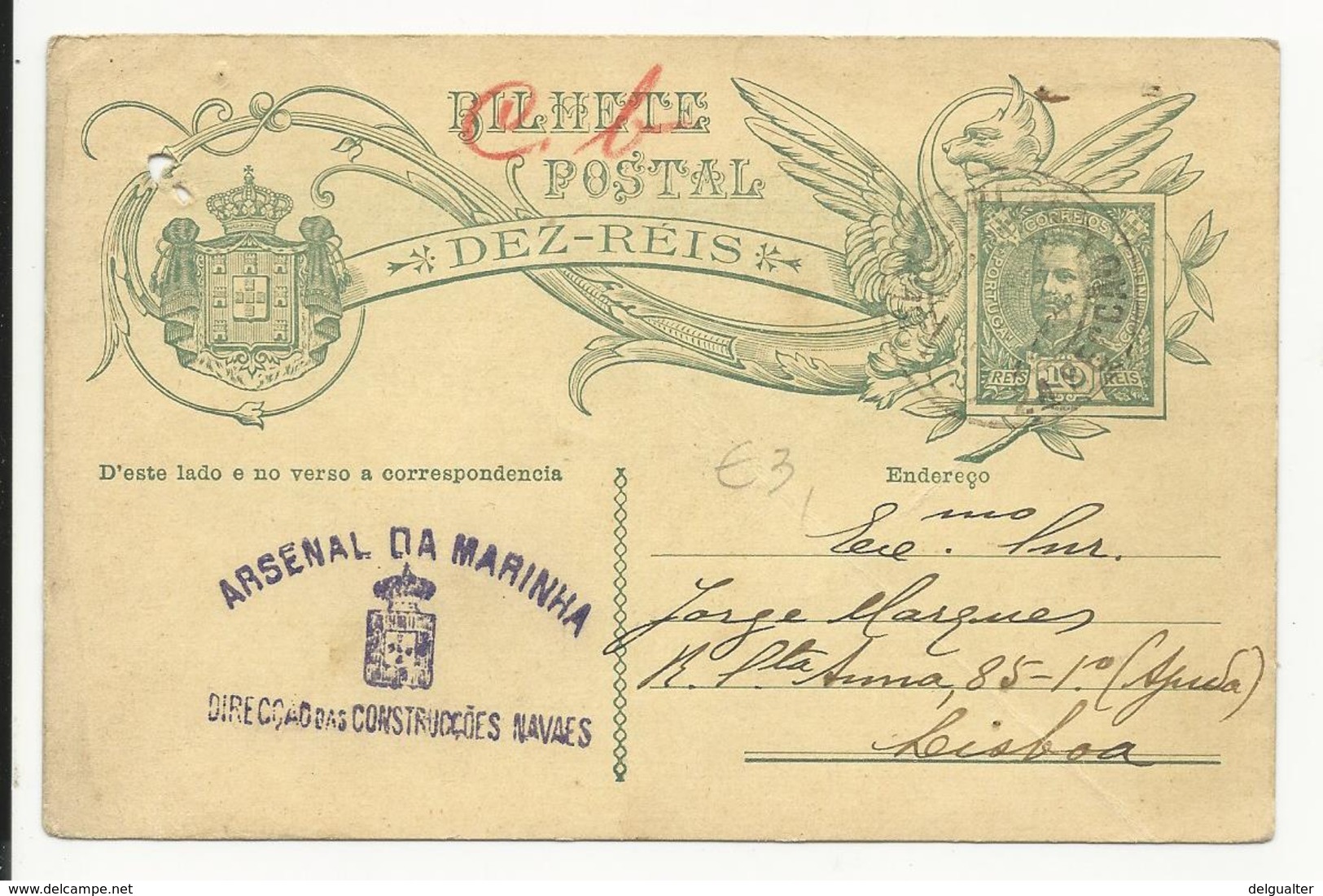 Postal Stationery - Portugal 10 Reis Arsenal Da Marinha Holed - Enteros Postales