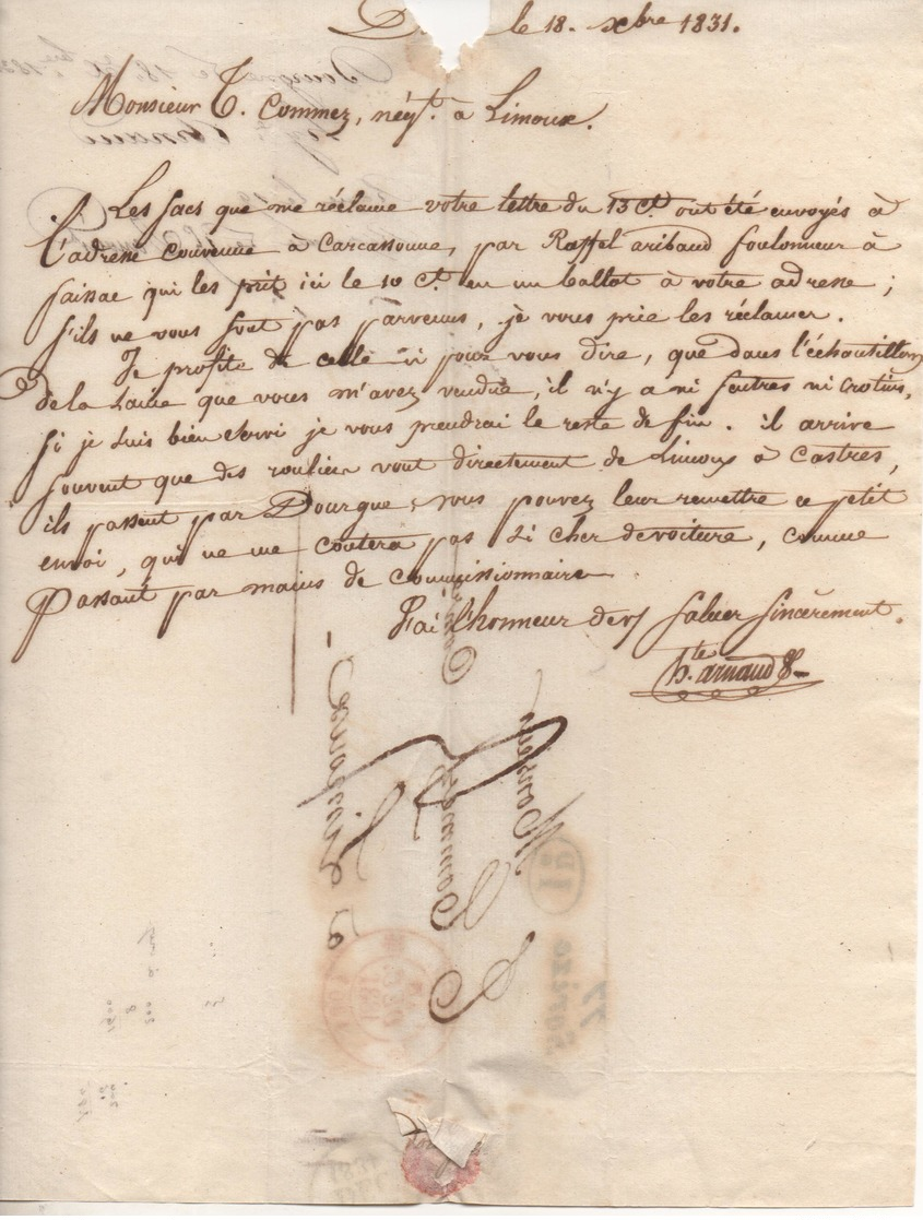 Cursive De SOREZE (Tarn 77), Cachet Poste De REVEL (Haute Garonne 30) Plus Décime Rural, Sur Lettre Du 18 Décembre 1831. - 1801-1848: Précurseurs XIX