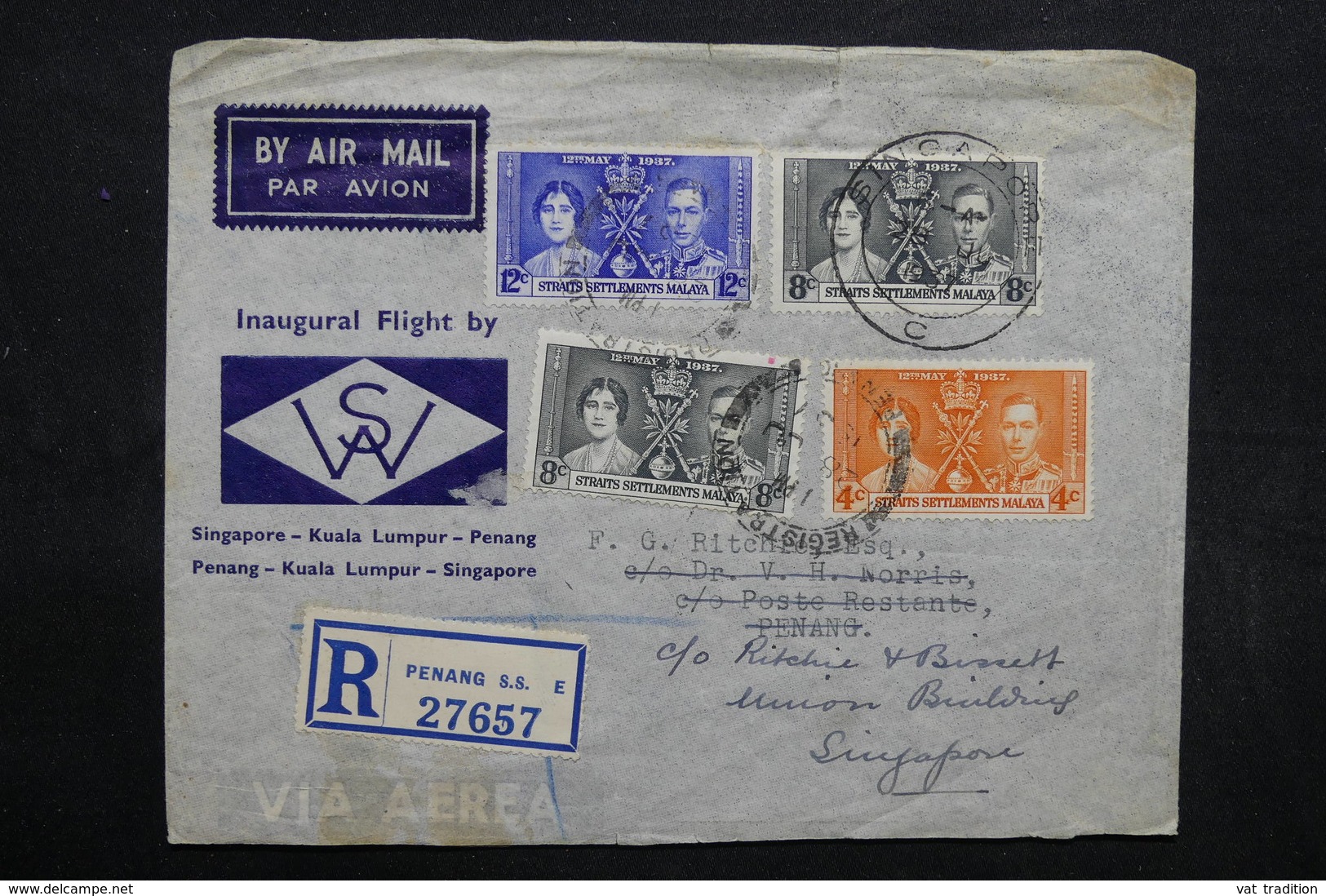 MALAISIE - Enveloppe En Recommandé De Penang Pour Singapour En 1937 , Affranchissement Plaisant - L 32714 - Straits Settlements