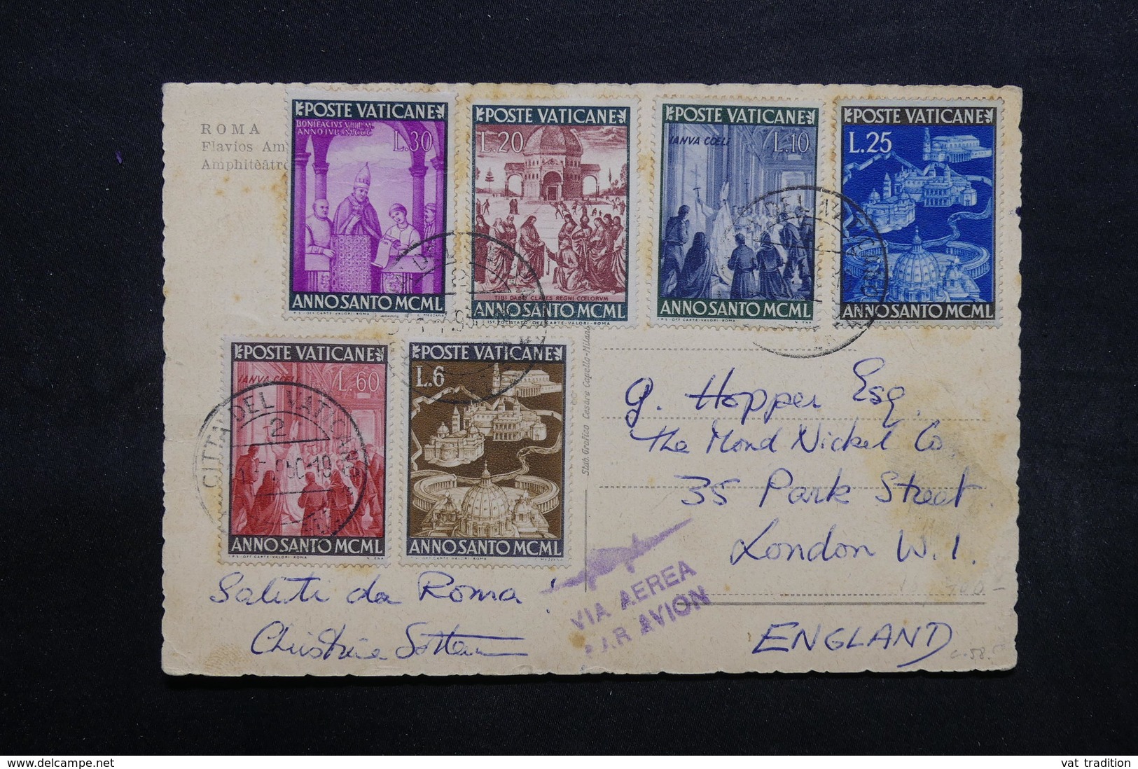 VATICAN - Affranchissement Plaisant Sur Carte Postale En 1950 Pour Londres Par Avion - L 32718 - Covers & Documents