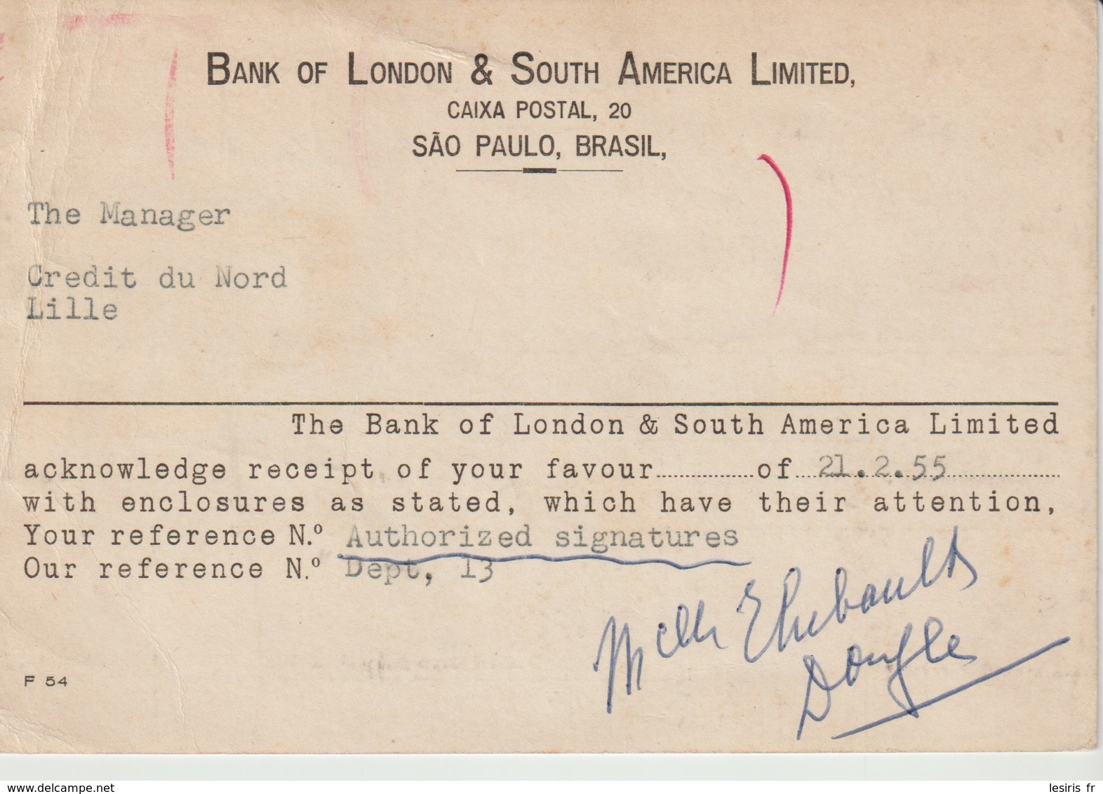 POST CARD - BANK OF LONDON & SOUTH AMERICA LIMITED - SAO PAULO - BRASIL - TO CRÉDIT DU NORD - LILLE - FRANCE - Banques