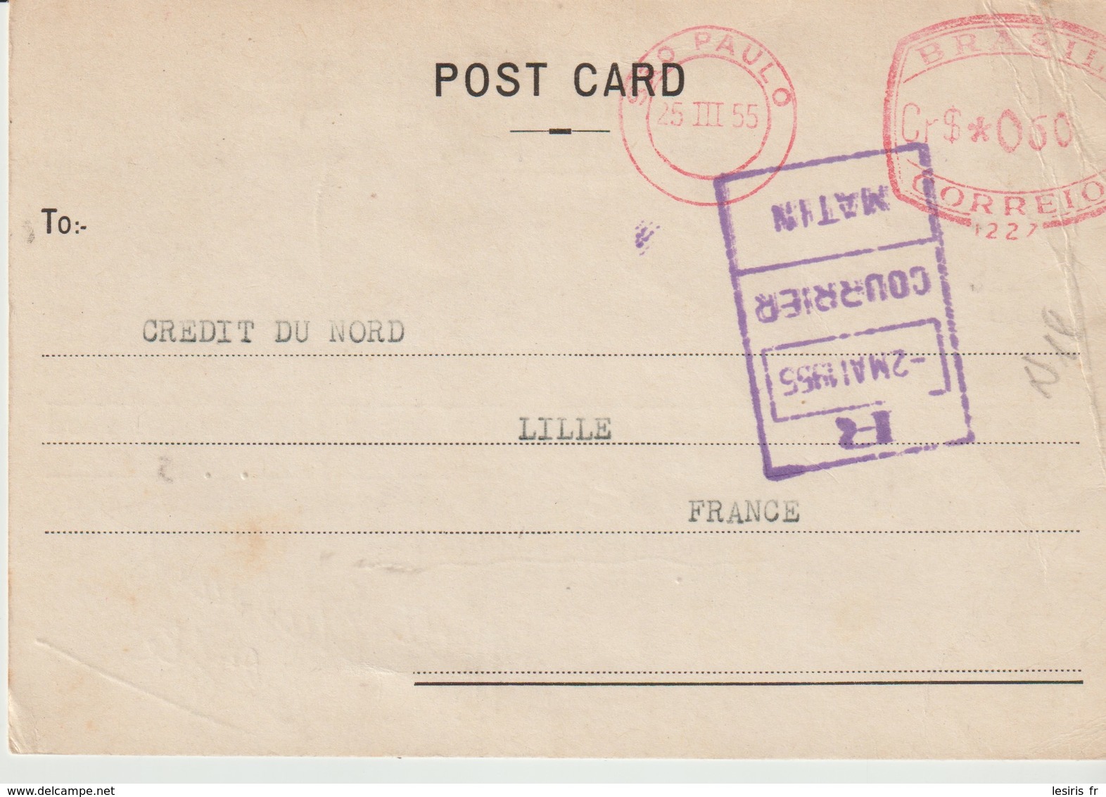 POST CARD - BANK OF LONDON & SOUTH AMERICA LIMITED - SAO PAULO - BRASIL - TO CRÉDIT DU NORD - LILLE - FRANCE - Banques