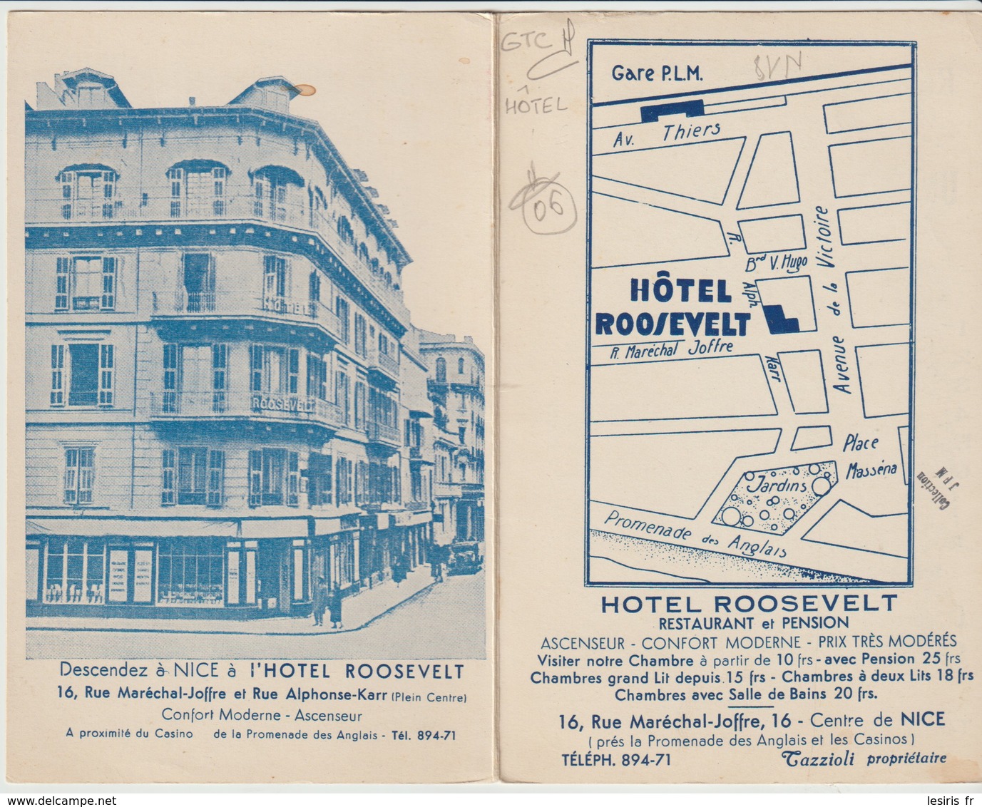 C. P.DOUBLE - PUBLICITÉ - NICE - HOTEL ROOSEVELT- RESTAURANT - PLAN - TAZZIOLI PROPRIETAIRE - - Publicidad