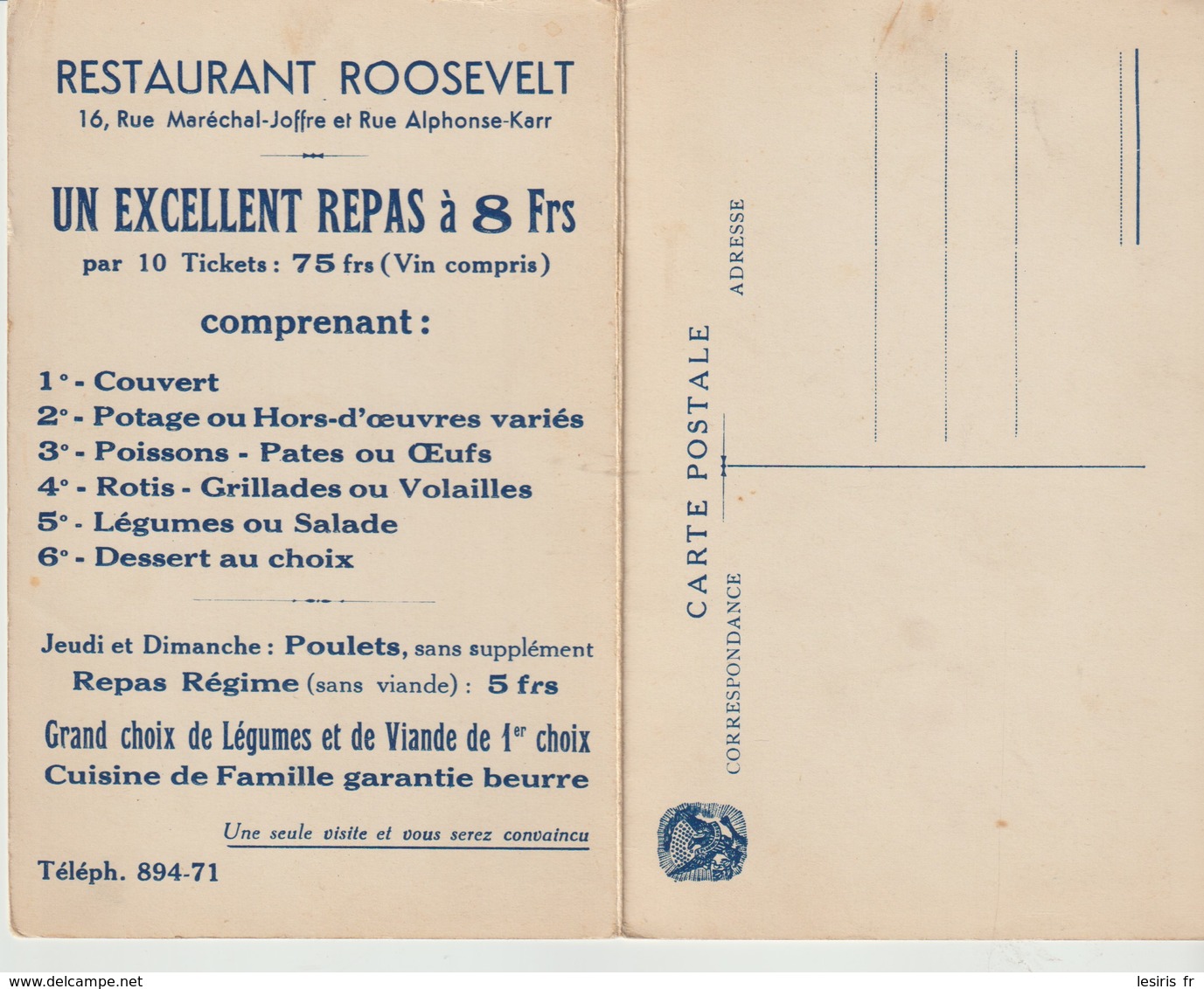 C. P.DOUBLE - PUBLICITÉ - NICE - HOTEL ROOSEVELT- RESTAURANT - PLAN - TAZZIOLI PROPRIETAIRE - - Publicidad