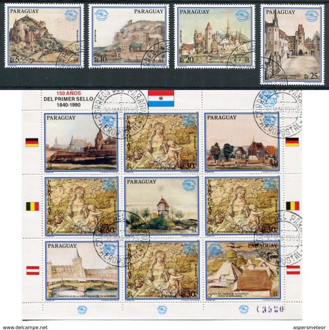 DURERO CUADROS, DURER PEINTURE 150 AÑOS DEL PRIMER SELLO. PARAGUAY 1990 YVERT 1177 / 1181 COMPLETE SERIE OBLITERES LILHU - Otros & Sin Clasificación