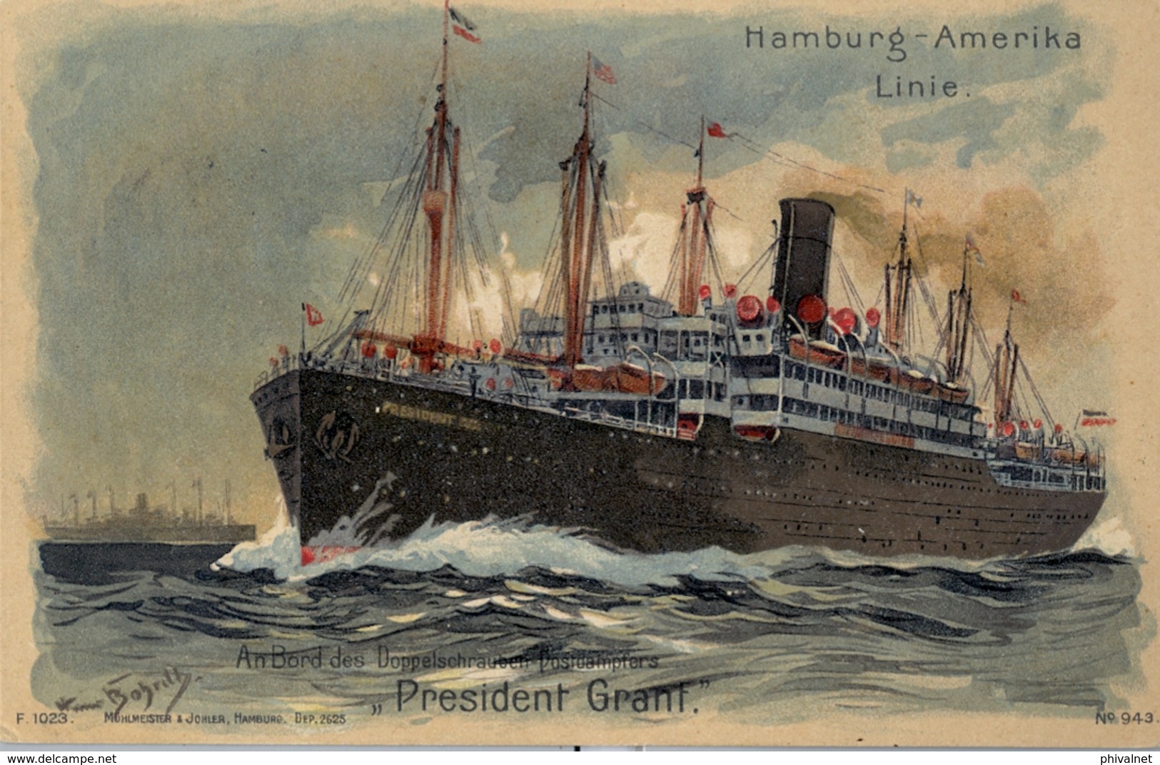 1909 BARCOS / SHIPS , TARJETA POSTAL  CIRCULADA, CORREO MARÍTIMO,  HAMBURG - AMERIKA LINIE , " PRESIDENT GRANT " - Paquebots