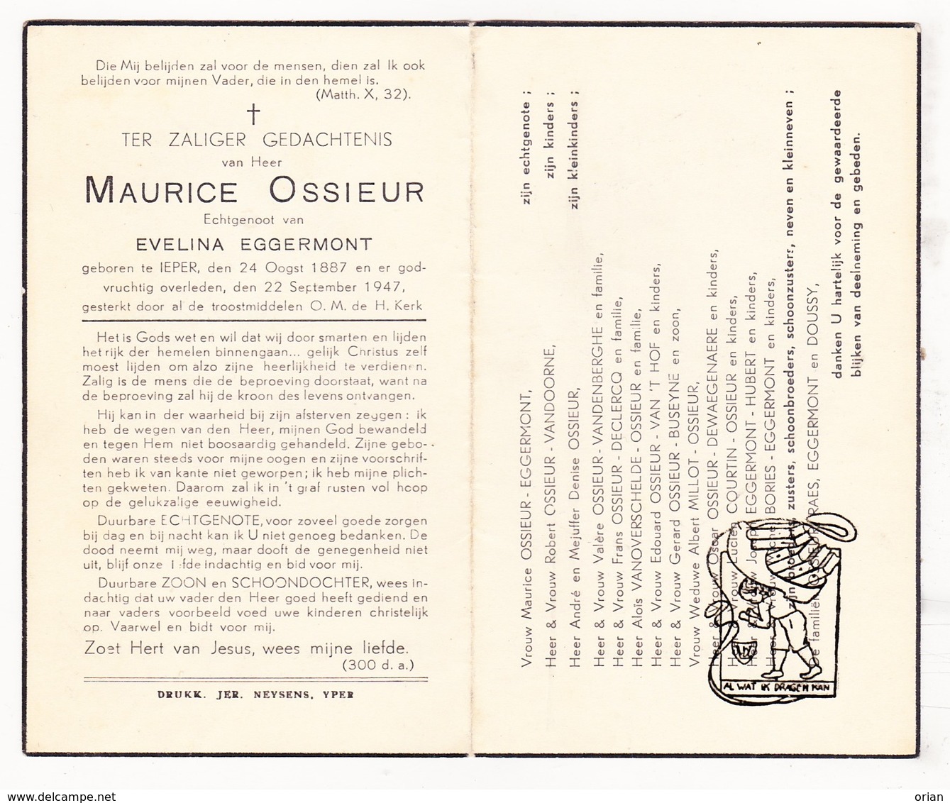 DP Maurice Ossieur ° Ieper 1887 † 1947 X Evelina Eggermont / Vandoorne Van 't Hof Buseyne Millot Raes Bories Courtin - Devotion Images