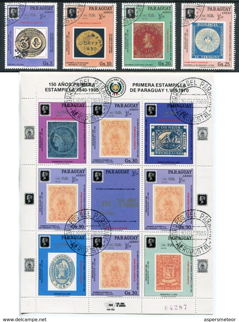 150 AÑOS DEL PRIMER SELLO, DAY OF THE FIRST STAMP. PARAGUAY 1990 YVERT 1167 / 1171 COMPLETE SERIE OBLITERES - LILHU - Paraguay