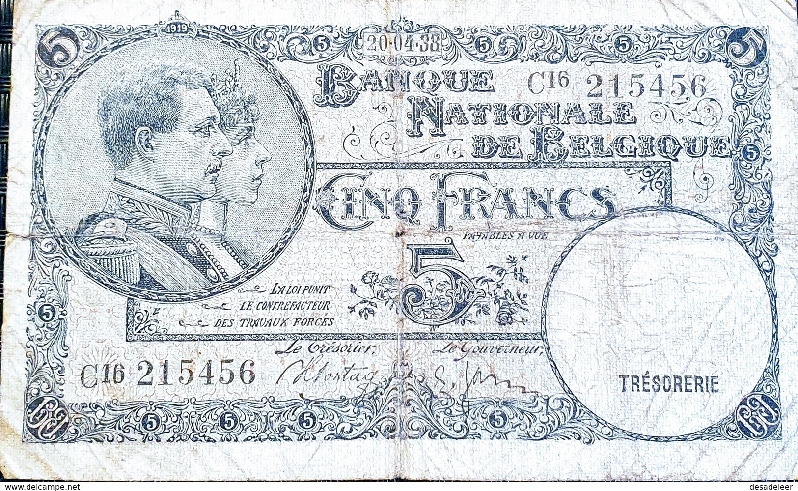 Belgium 5 Francs 1938 - 5 Francos