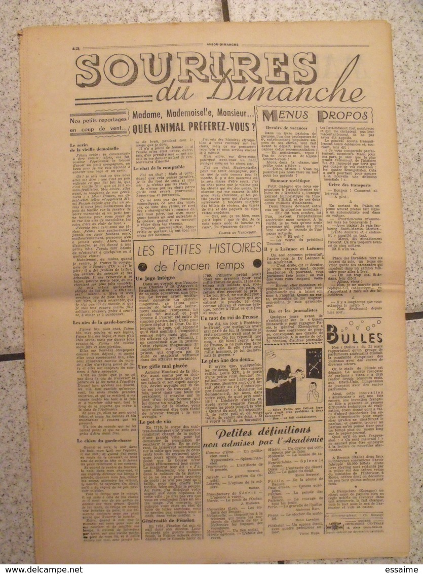 16 revues Anjou-Dimanche de 1951. 1ère année, n° 1 à 16 (collection complète ?). Angers. très rare hebdo local. barangé