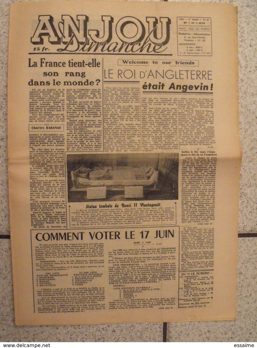 16 revues Anjou-Dimanche de 1951. 1ère année, n° 1 à 16 (collection complète ?). Angers. très rare hebdo local. barangé