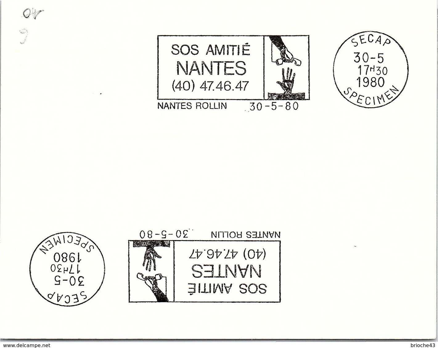 SPECIMEN SECAP - SOS AMITIE NANTES - NANTES ROLLIN 30.5.1980   /3 - Mechanical Postmarks (Advertisement)