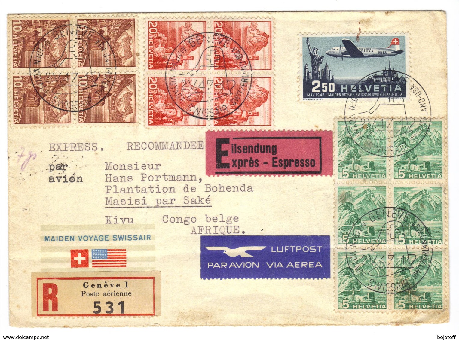 Belgisch Belgian Congo Belge Airmail Express Incoming Masisi From Geneva - Storia Postale