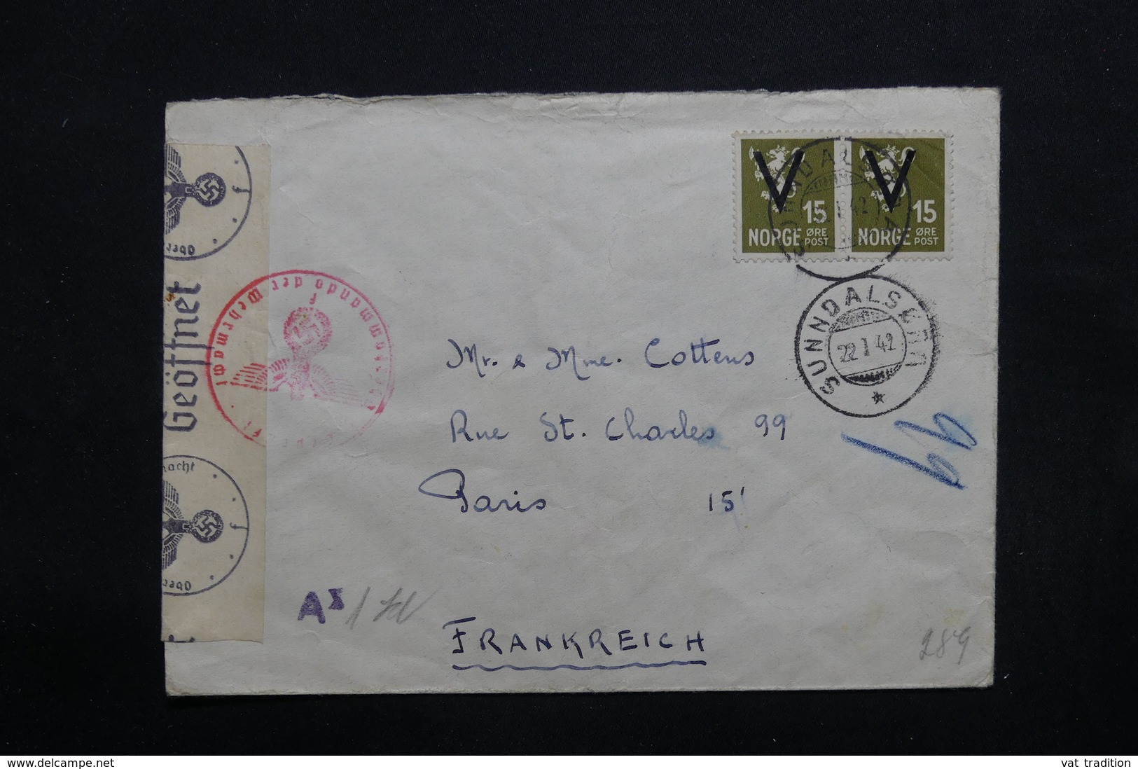 NORVÈGE - Enveloppe De Sunndalsöra Pour Paris En 1942 Avec Contrôle Postal , Affranchissement Plaisant - L 32742 - Lettres & Documents