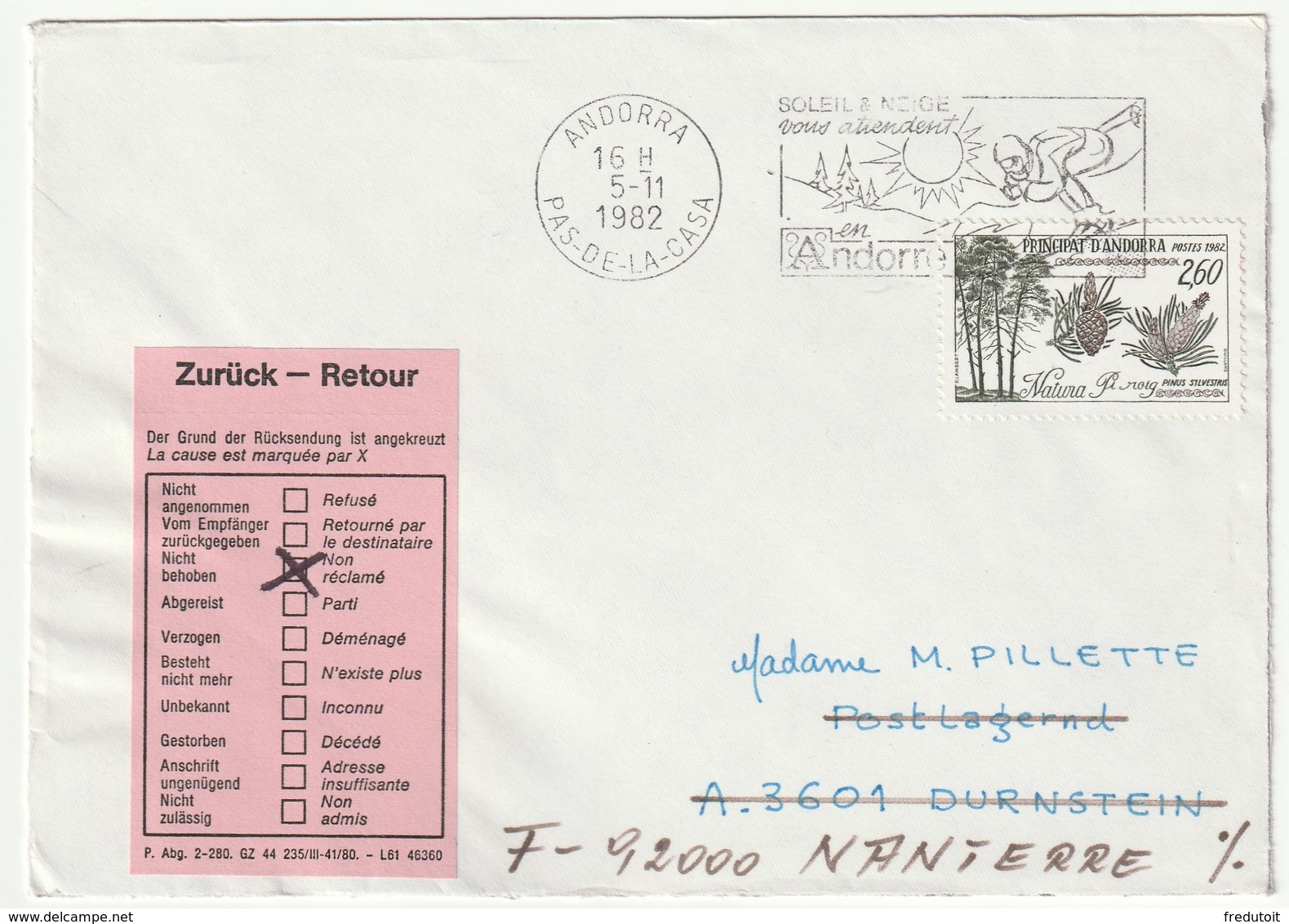 LETTRE - ANDORRE - Le 05/11/1982 Avec Retour à L'envoyeur - Covers & Documents