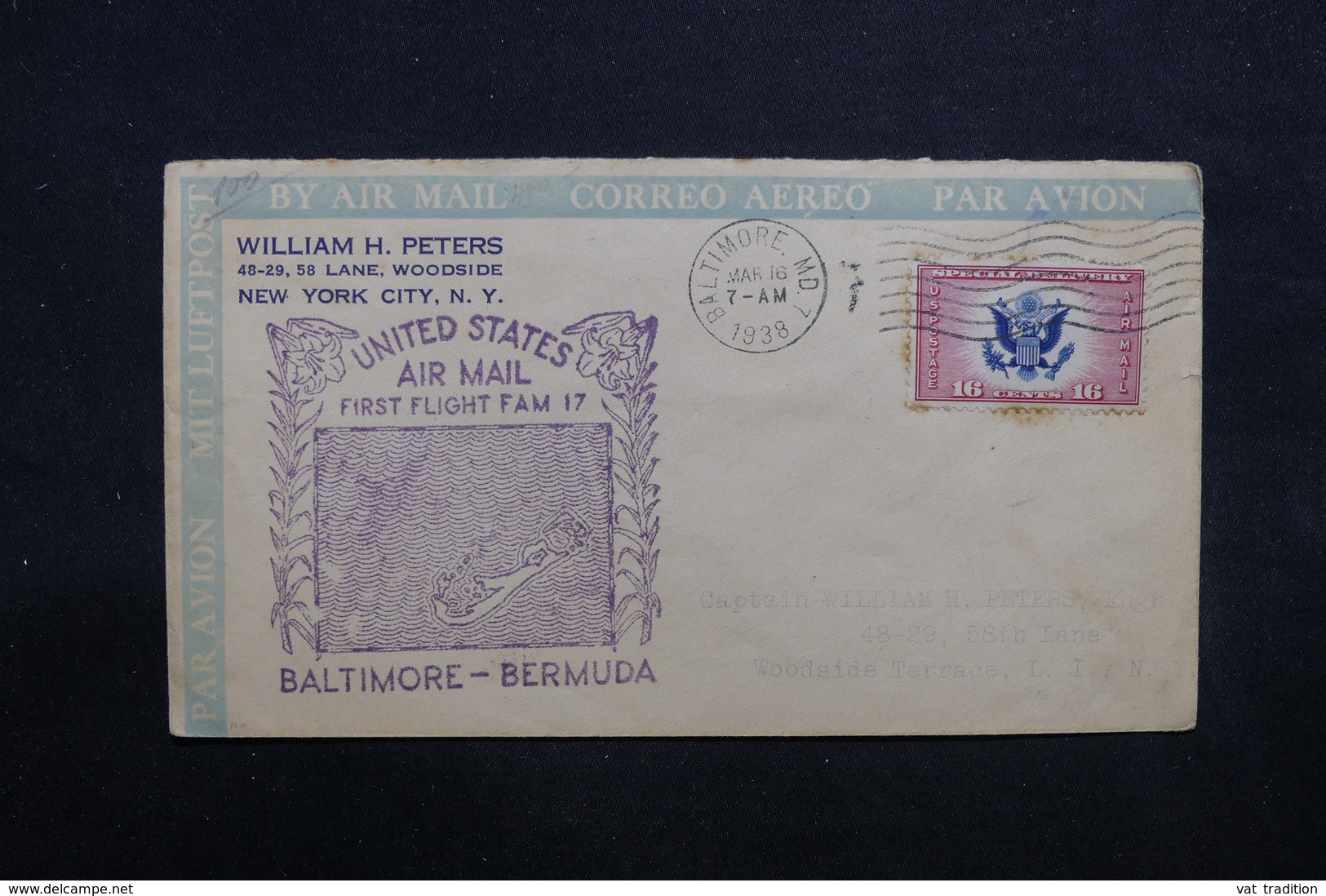 ETATS UNIS - Enveloppe 1er Vol Baltimore / Bermuda En 1938 - L 32754 - 1c. 1918-1940 Lettres