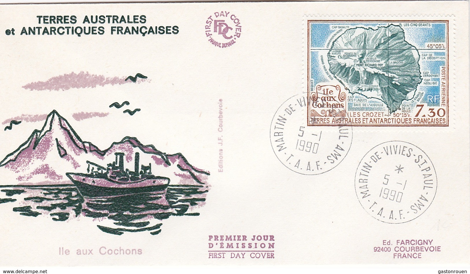 TAAF PREMIER JOUR 1990 PA110 L'ile Aux Cochons 05-01-1990 St Paul Et Amsterdam - FDC