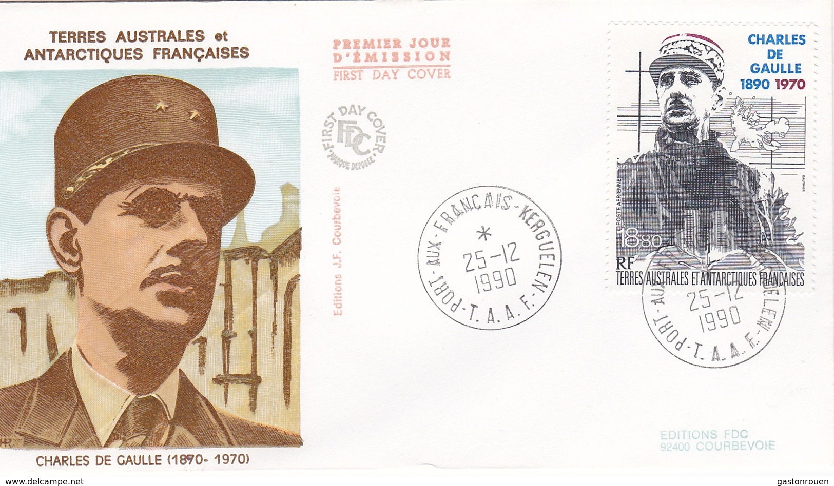 TAAF PREMIER JOUR 1991 PA118 De Gaulle 25-12-1990 Kerguelen - FDC