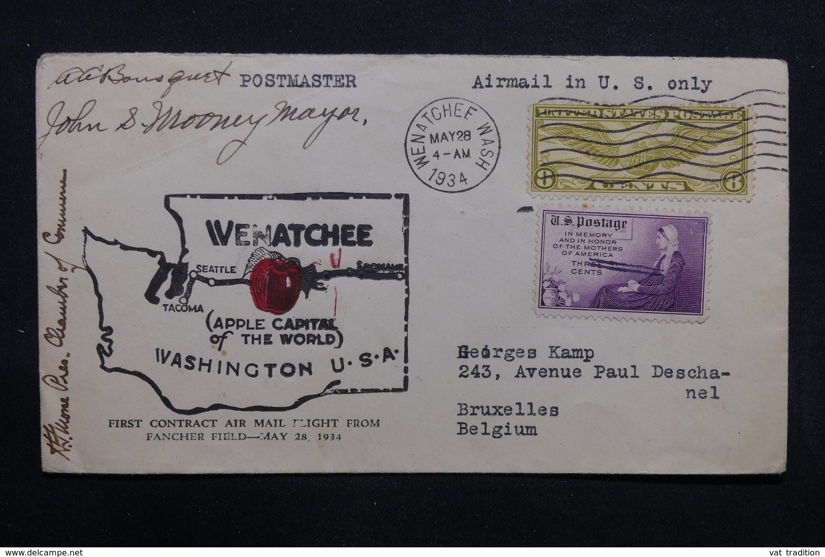 ETATS UNIS - Enveloppe De Wenatchee Pour La Belgique En 1934 , Affranchissement Plaisant - L 32773 - Marcophilie