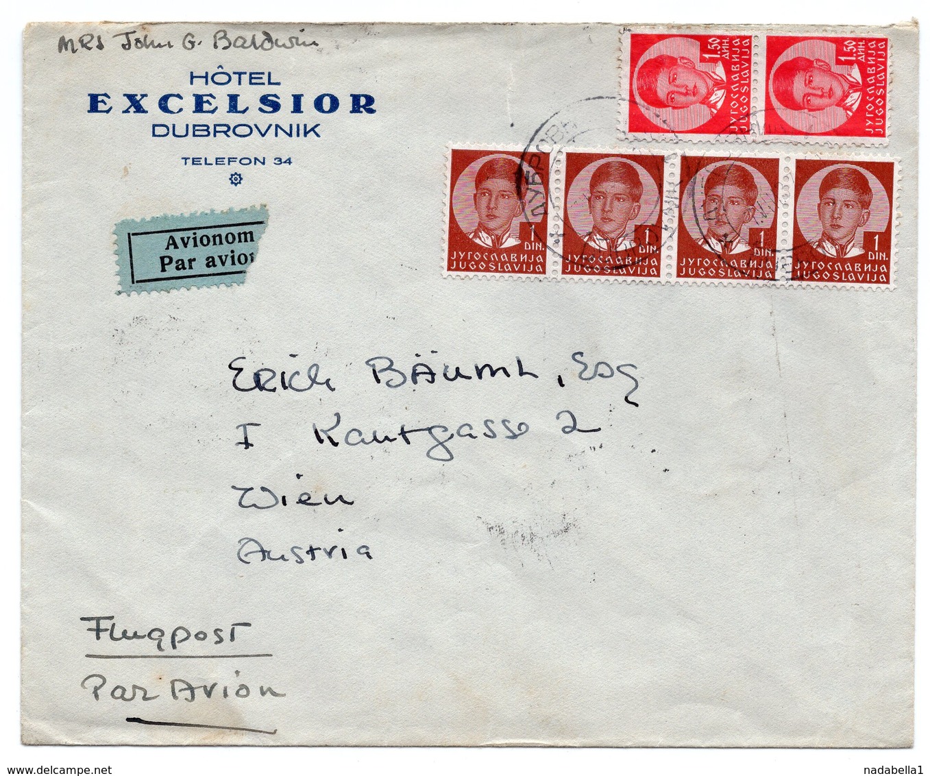 1937 YUGOSLAVIA, CROATIA, HOTEL EXCELSIOR DUBROVNIK TO VIENNA, AUSTRIA, AIR MAIL - Covers & Documents