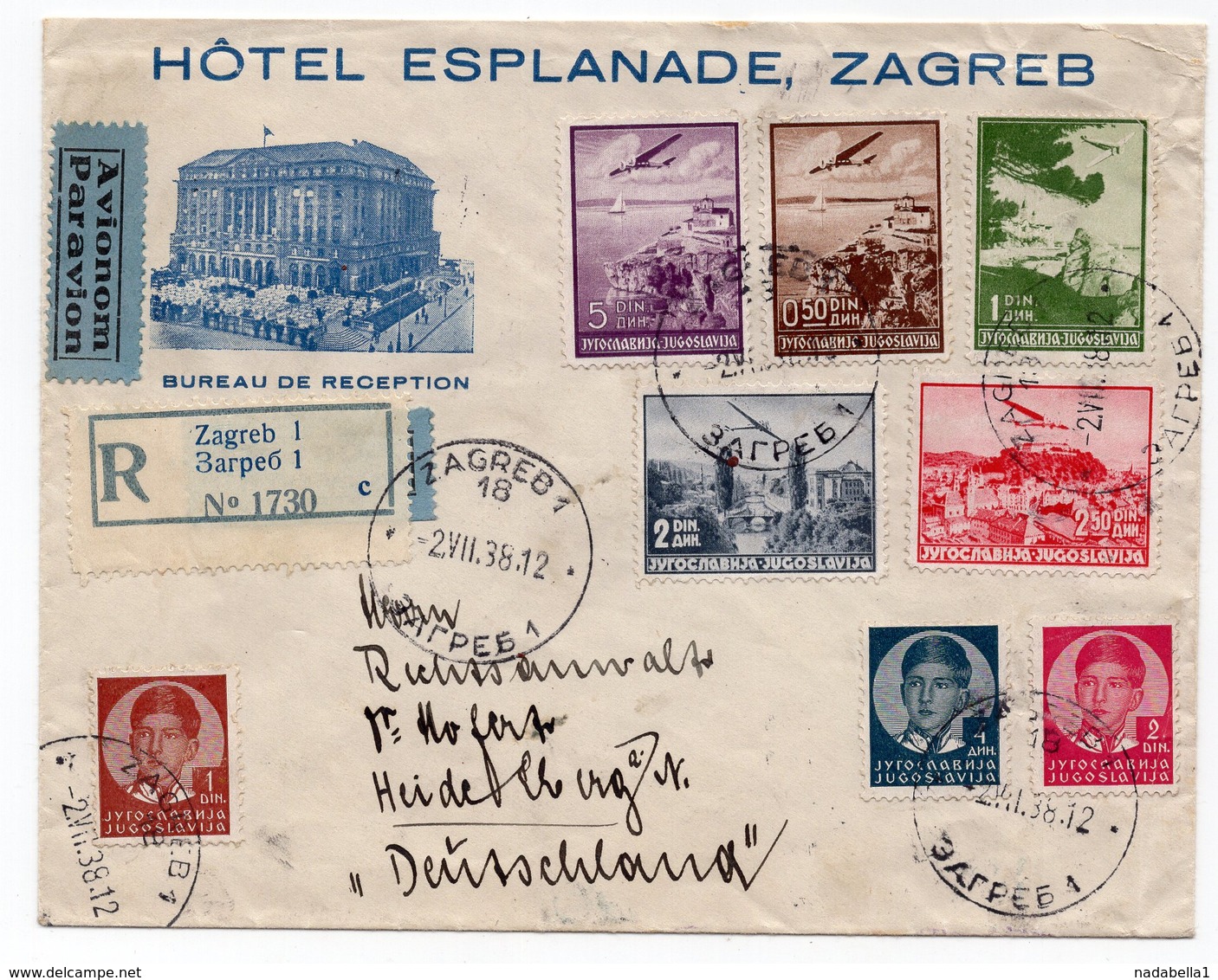 1938 YUGOSLAVIA, CROATIA, HOTEL ESPLANADE ZAGREB TO HEIDELBERG, GERMANY, AIR MAIL, RECORDED - Covers & Documents