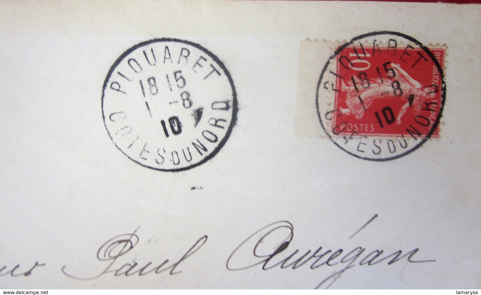 1910 Lettre à Entête Greffier De La Paix Plouaret Marcophilie CAD Daguin Timbre Semeuse Seul Sur Lettre Pr Houmilliau - 1921-1960: Modern Period