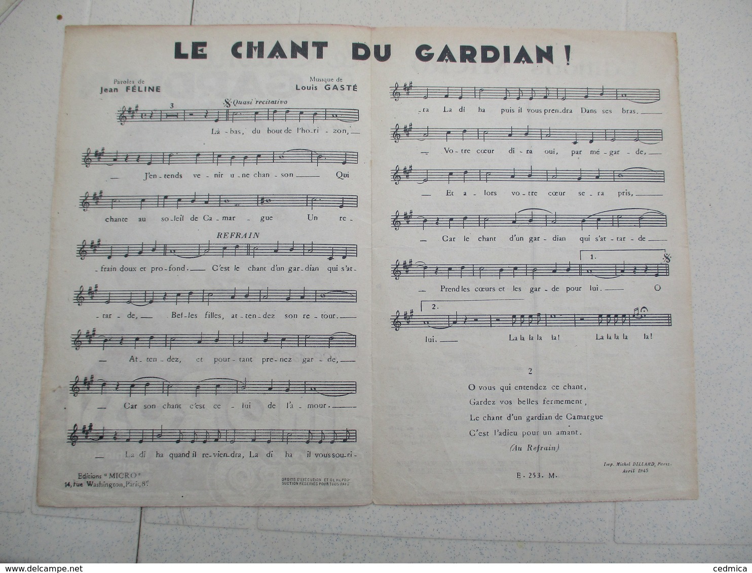 LE CHANT DU GARDIAN CREE PAR TINO ROSSI PAROLES DE JEAN FELINE MUSIQUE DE LOUIS GASTE 1945 - Scores & Partitions