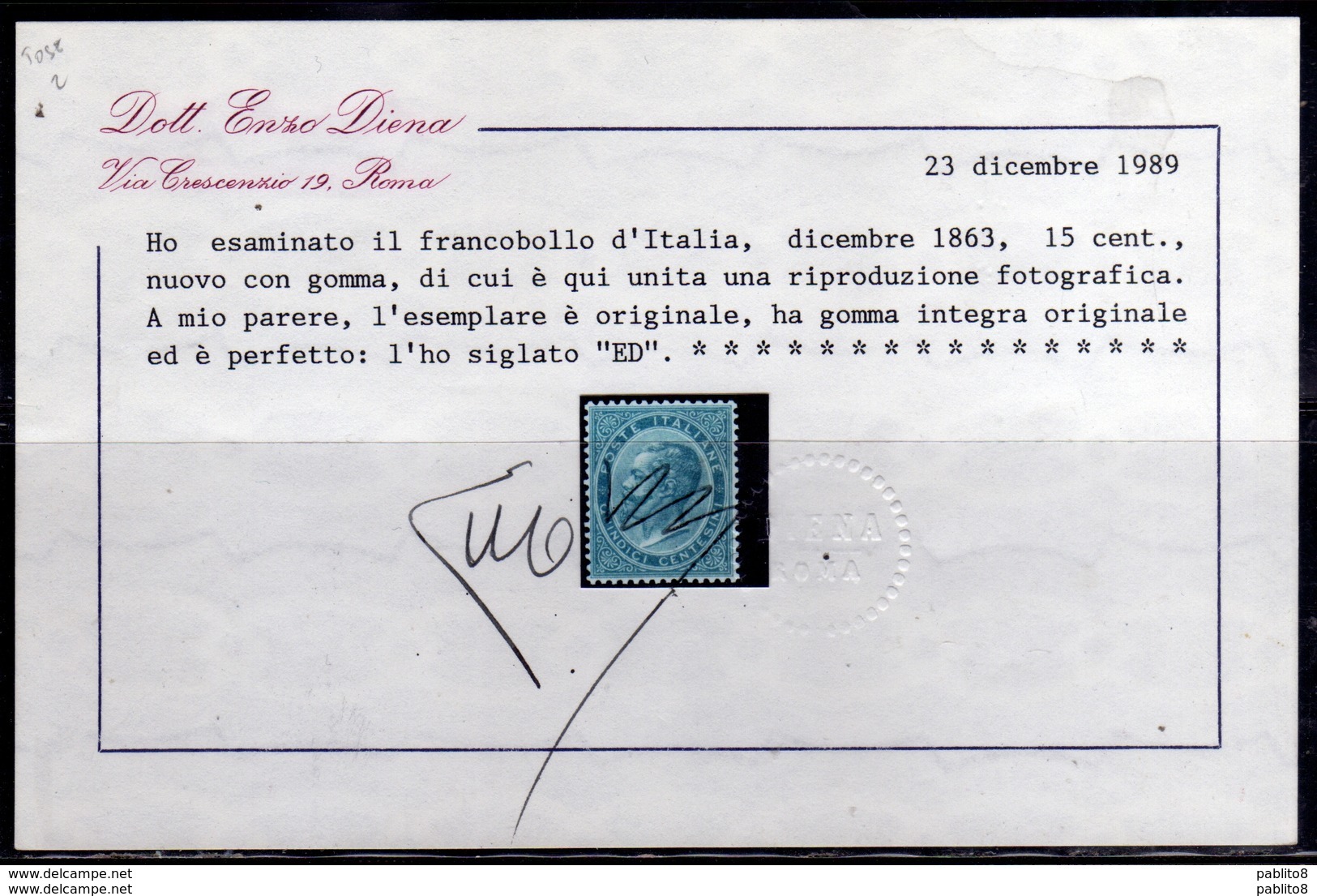 ITALIA REGNO ITALY KINGDOM 1863 EFFIGIE RE VITTORIO EMENUELE II CENT.15c LONDRA MNH OTTIMA CENTRATURA DOPPIO CERTIFICATO - Posta Aerea
