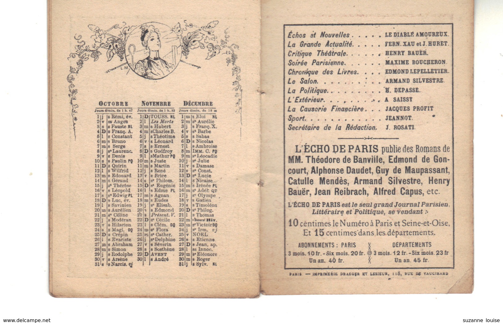 Très petit calendrier  de" l'écho de Paris " 1891 ouvrant  illustration intérieure et extérieure   L. Métivet.