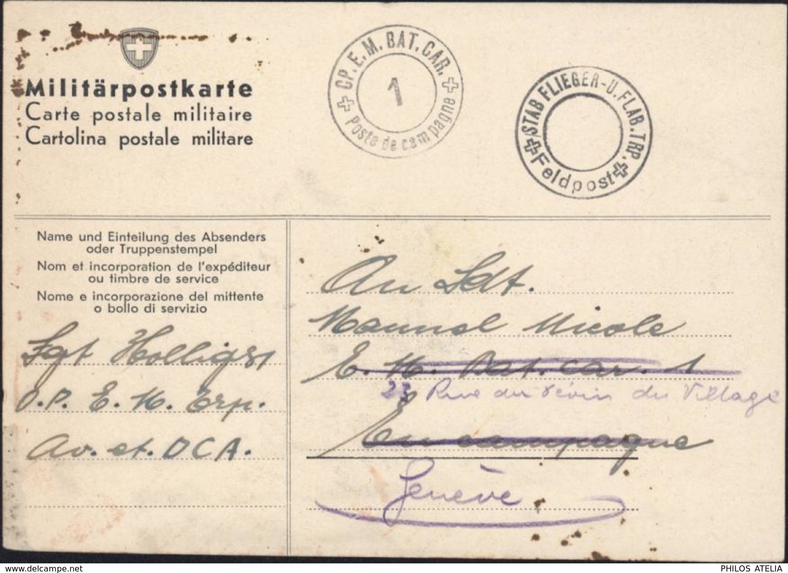 Guerre 40 CP Militaire Cachet CP EM Bat Car 1 Poste De Campagne + Stab Flieger U Flab Trp Feldpost  31 7 40 - Poststempel