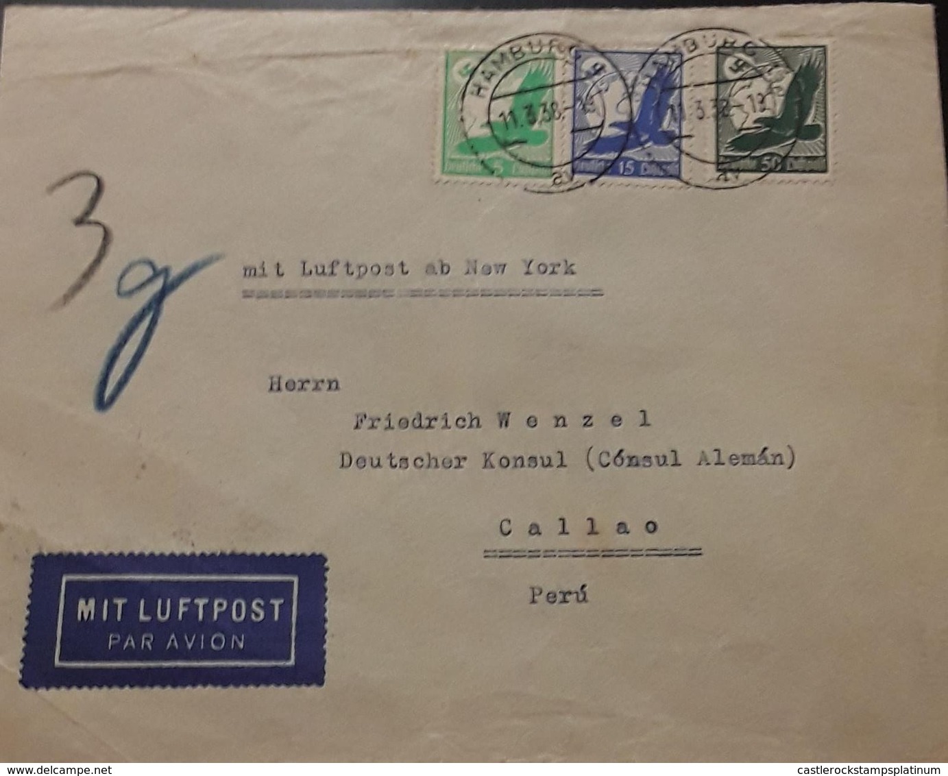 O) 1938 GERMANY. SWASTIKA SUN -GLOBE AND EAGLE, MIT LUFTPOST TO PERU - Other & Unclassified