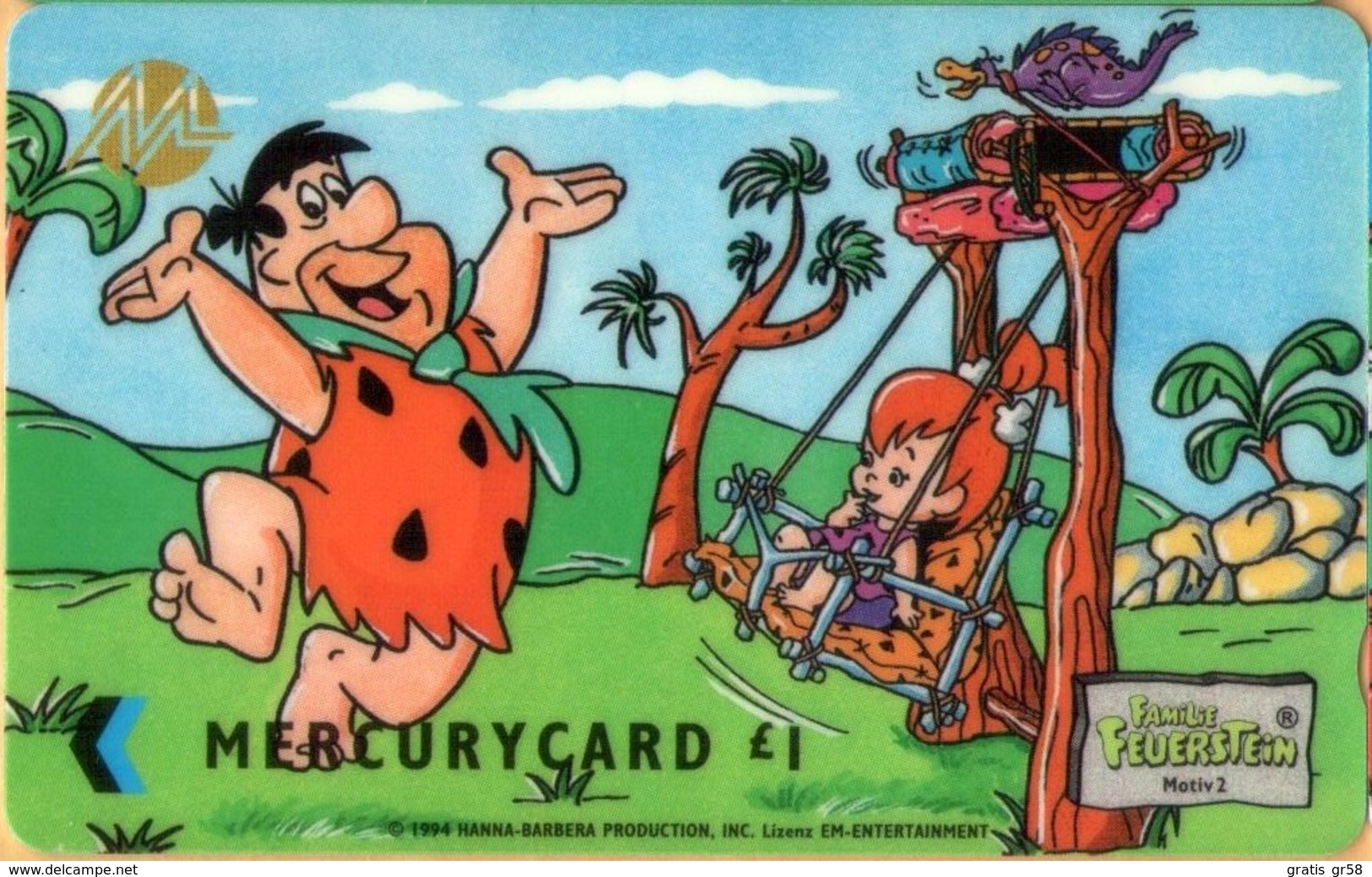 Mercury - GPT, MEF002, Fred & Pebbles On Swing, 20MERB, Cartoons, Flinstones, 1 £, 2,048ex, Mint - [ 4] Mercury Communications & Paytelco