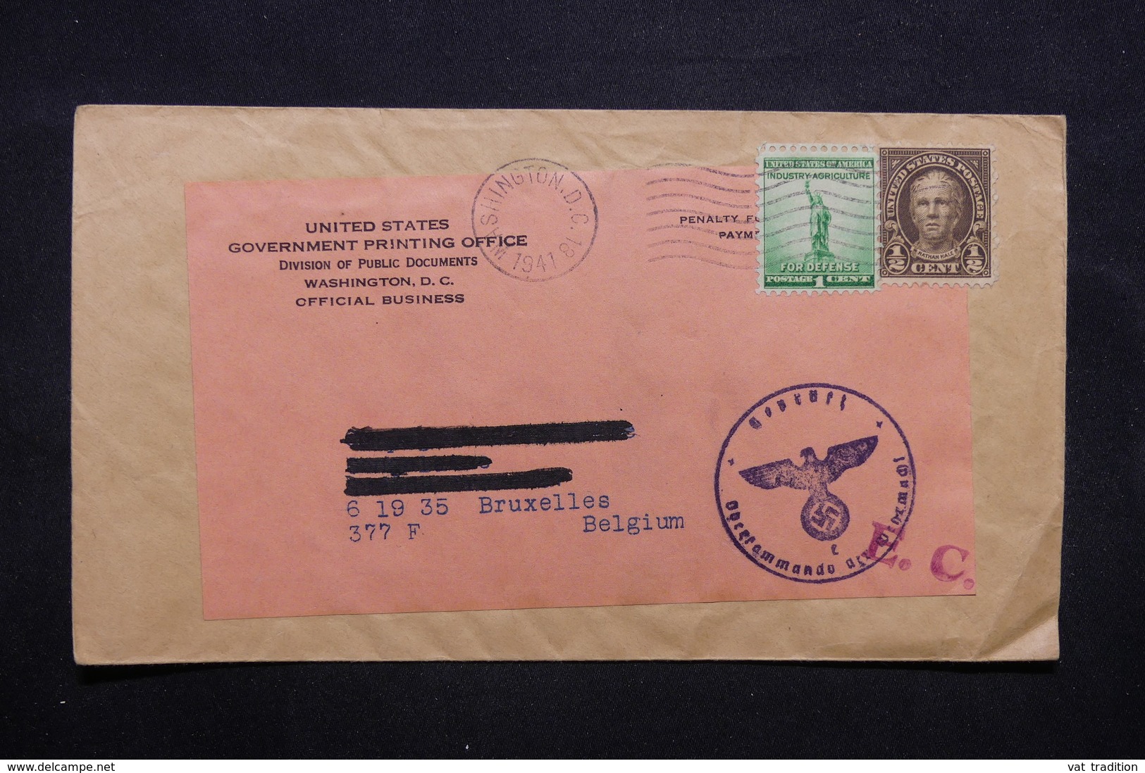 ETATS UNIS - Enveloppe De Washington Pour La Belgique En 1941 Avec Contrôle Postal Allemand - L 32813 - Marcofilia
