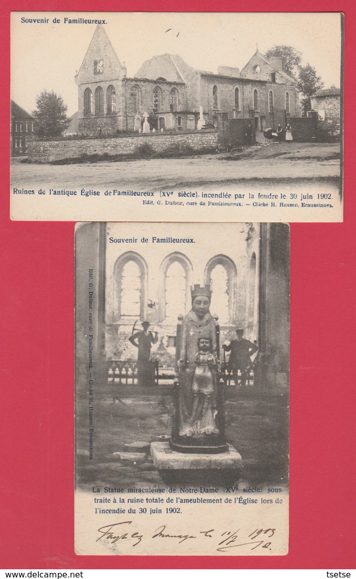 Familleureux - L'Eglise Et La Statue Miraculeuse Notre-Dame Préservée ...de L'incendie - 2 Cartes ( Voir Verso ) - Seneffe