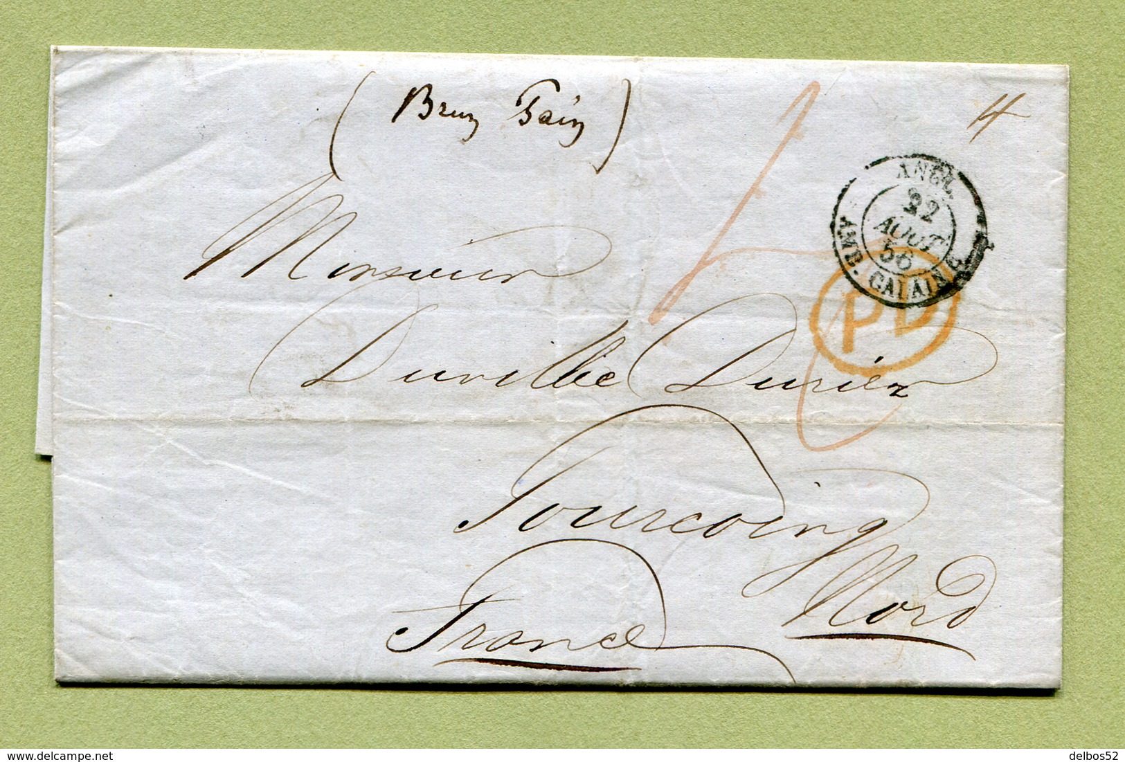 " AMBULANT CALAIS - ANGL. " + " PD " Rouge  (1856) + TAXE Pour TOURCOING (Brun Pain) - Lettres & Documents