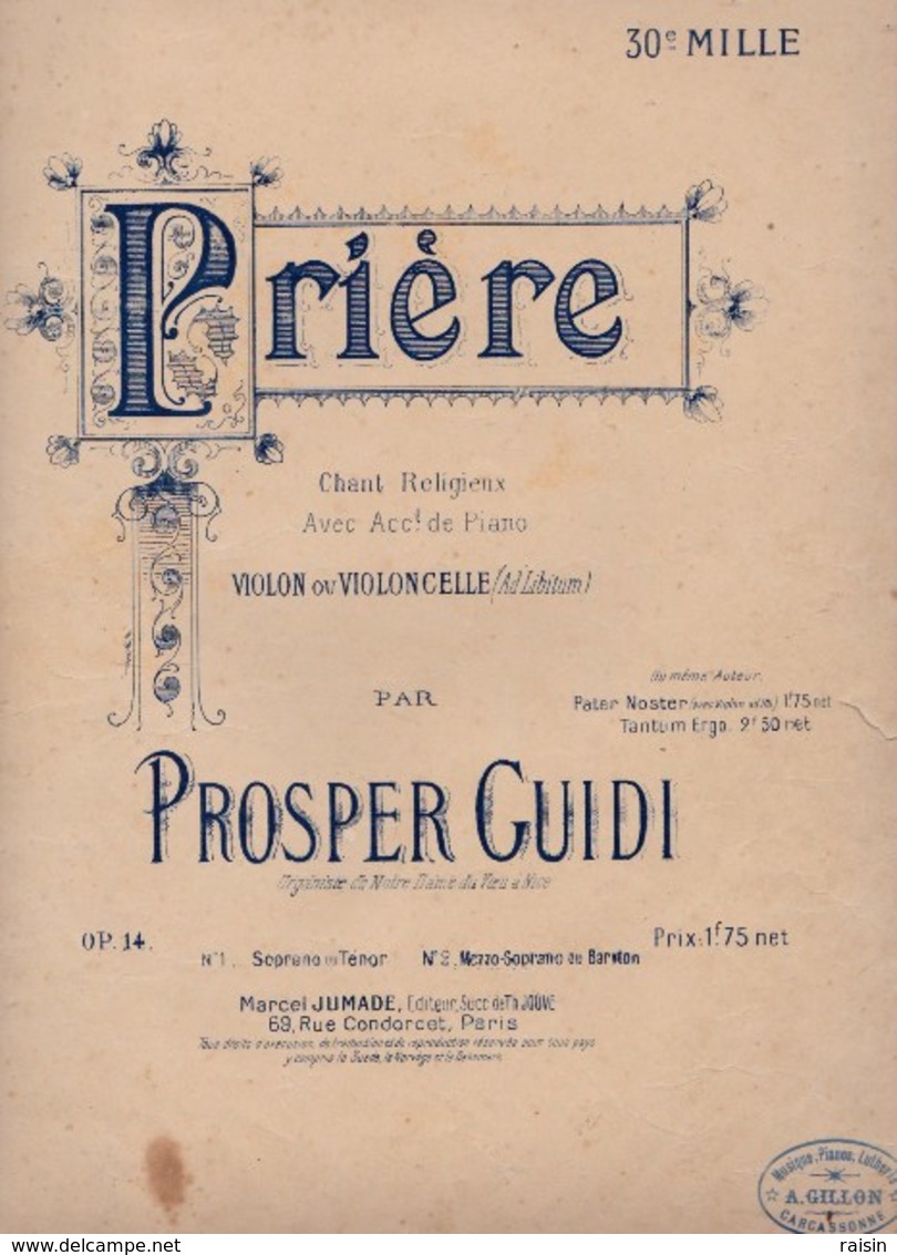 Prière  Chant Religieux Piano Violon Violoncelle N°1  Prosper Guidi Organiste De Notre-Dame Du Voeu Nice état Moyen - Scores & Partitions